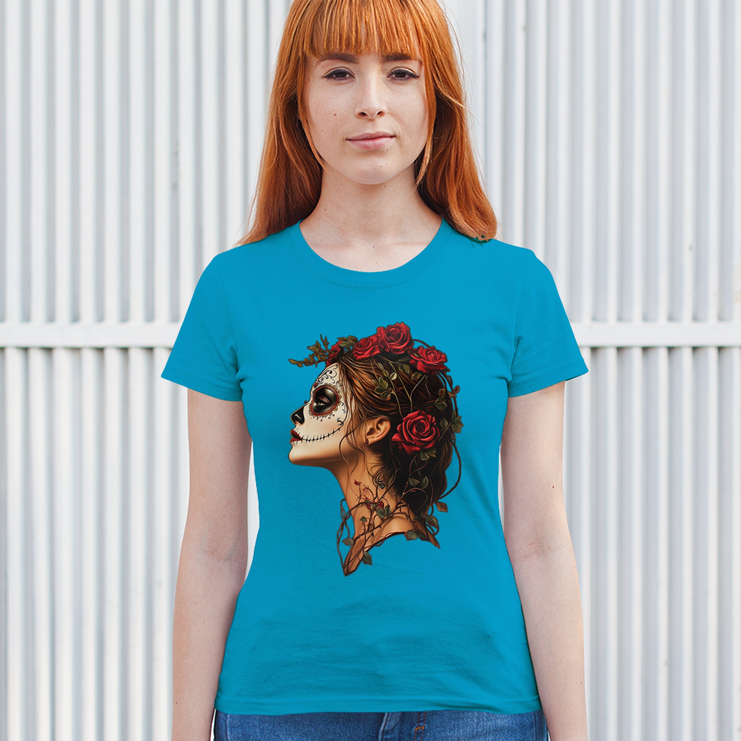 Sugar Skull Profile T-Shirt Dia de Los Muertos Skeleton Face Floral Women's Tee - Picture 40 of 50