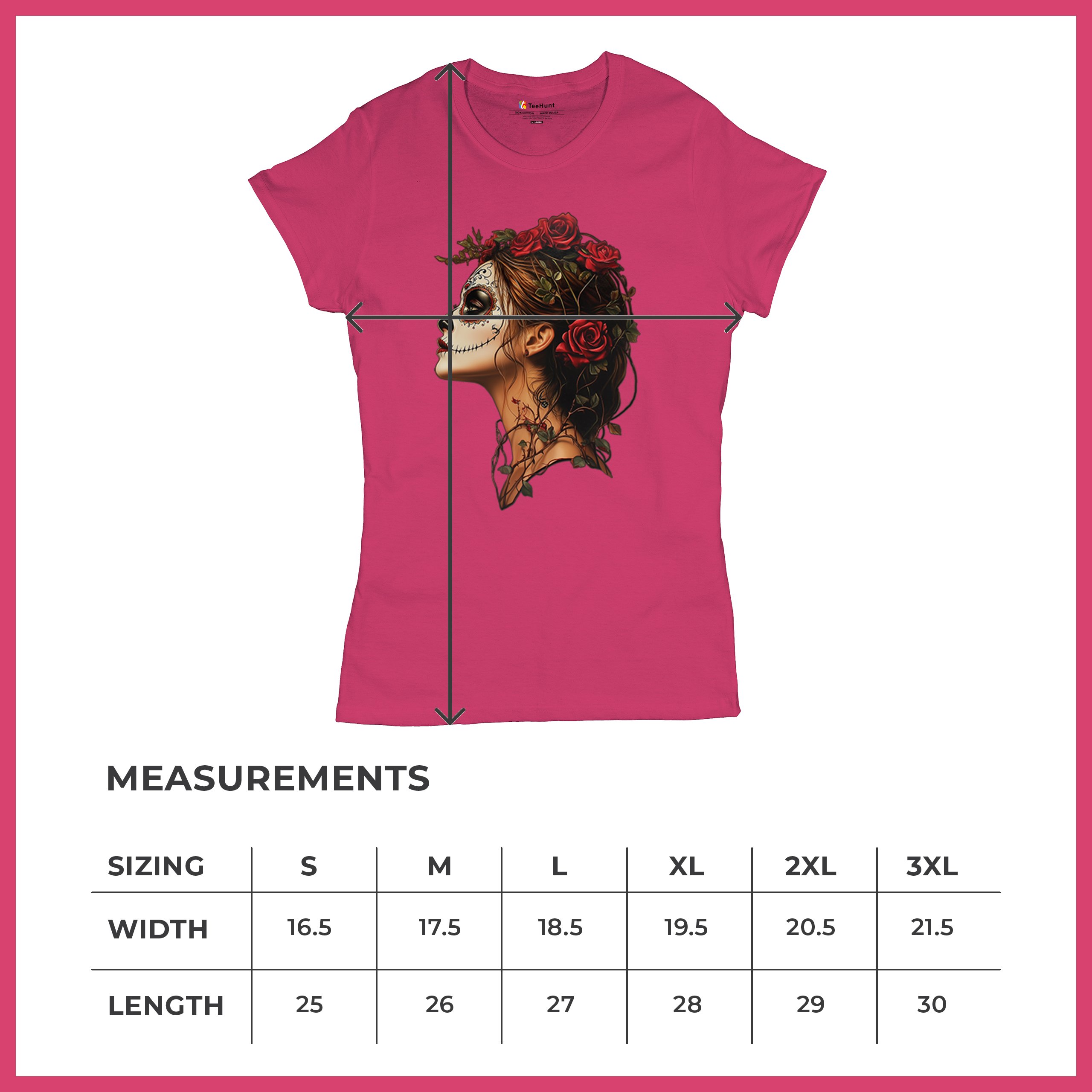 Sugar Skull Profile T-Shirt Dia de Los Muertos Skeleton Face Floral Women's Tee - Picture 50 of 50