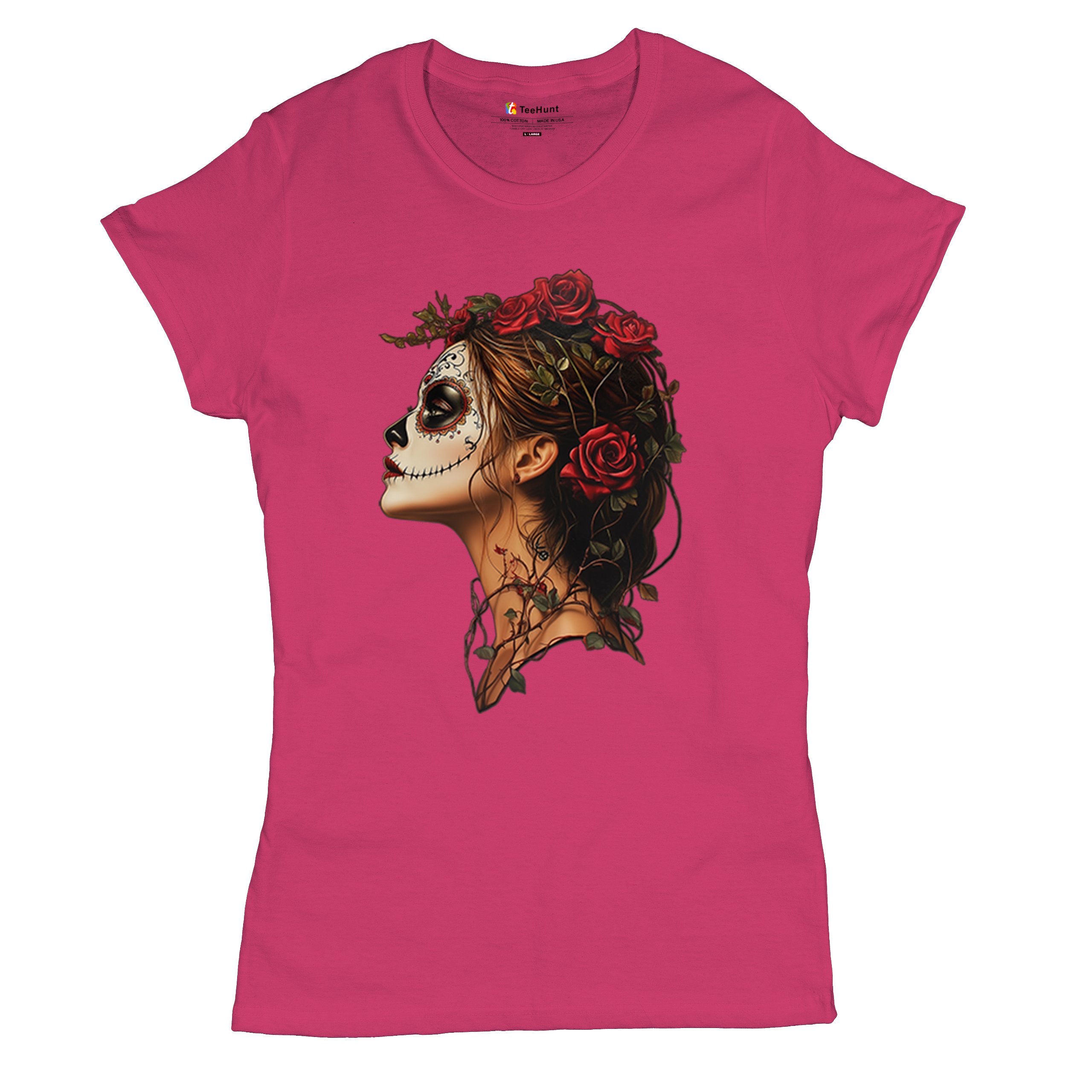 Sugar Skull Profile T-Shirt Dia de Los Muertos Skeleton Face Floral Women's Tee - Picture 48 of 50