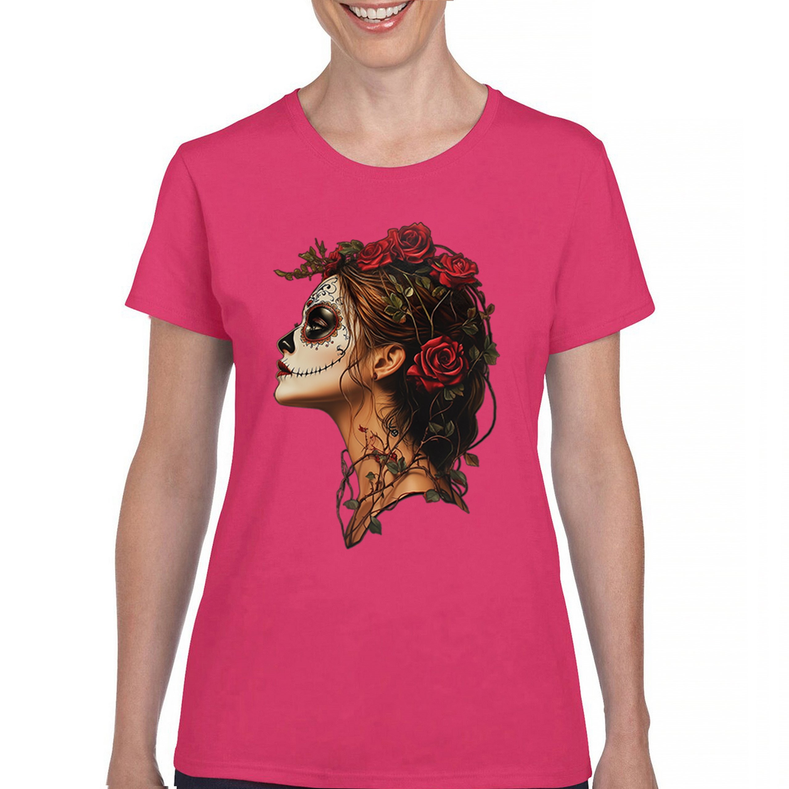Sugar Skull Profile T-Shirt Dia de Los Muertos Skeleton Face Floral Women's Tee - Picture 44 of 50