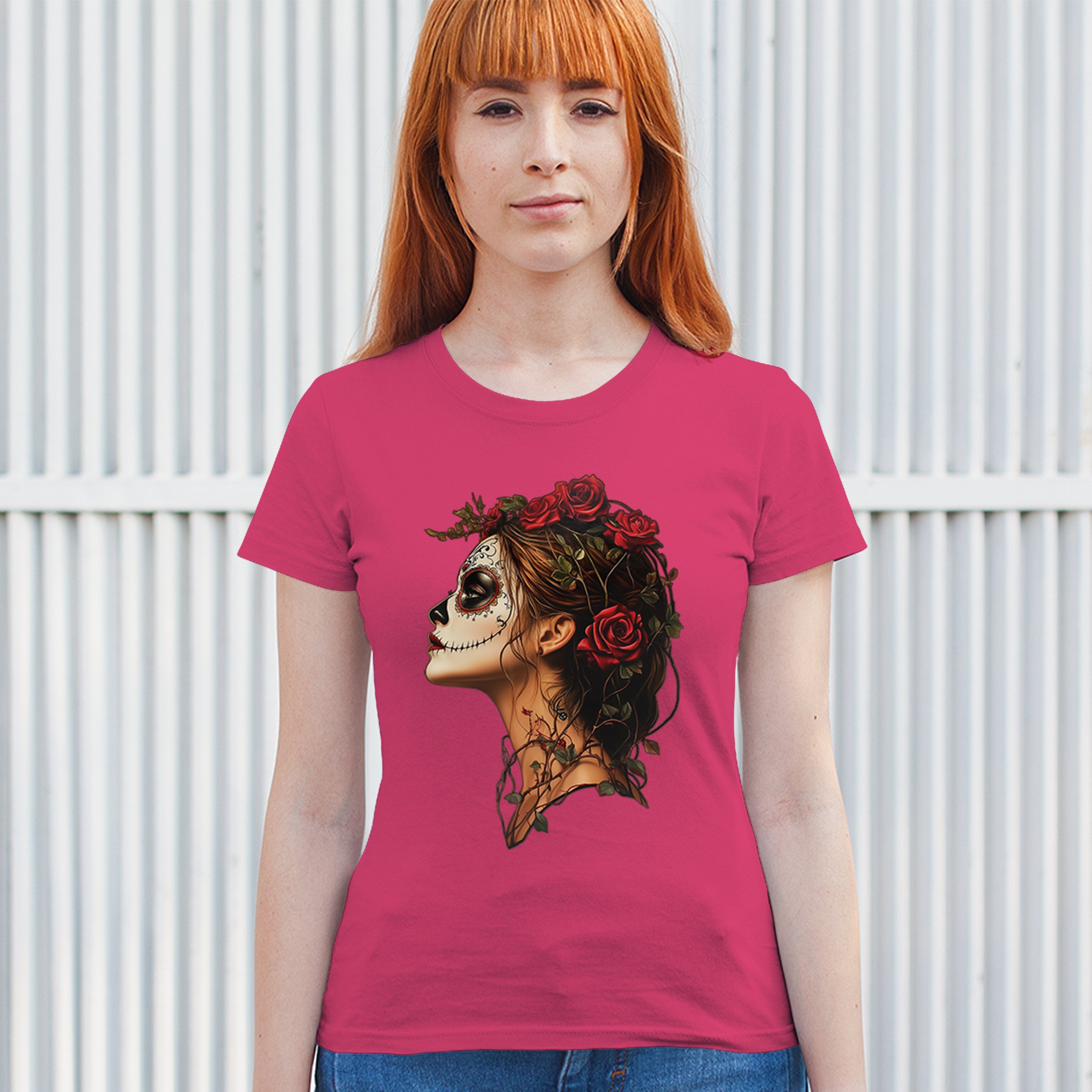 Sugar Skull Profile T-Shirt Dia de Los Muertos Skeleton Face Floral Women's Tee - Picture 47 of 50