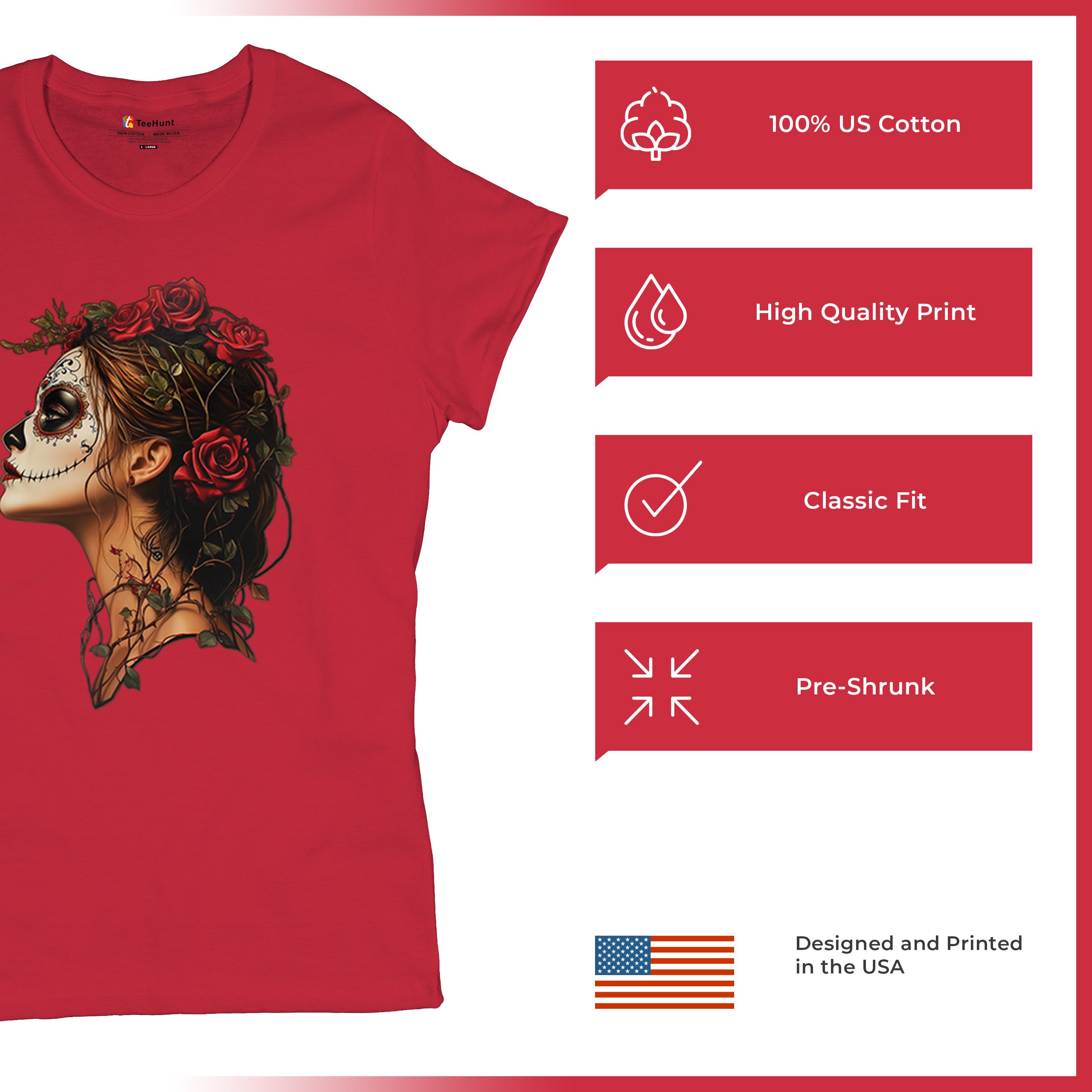 Sugar Skull Profile T-Shirt Dia de Los Muertos Skeleton Face Floral Women's Tee - Picture 21 of 50