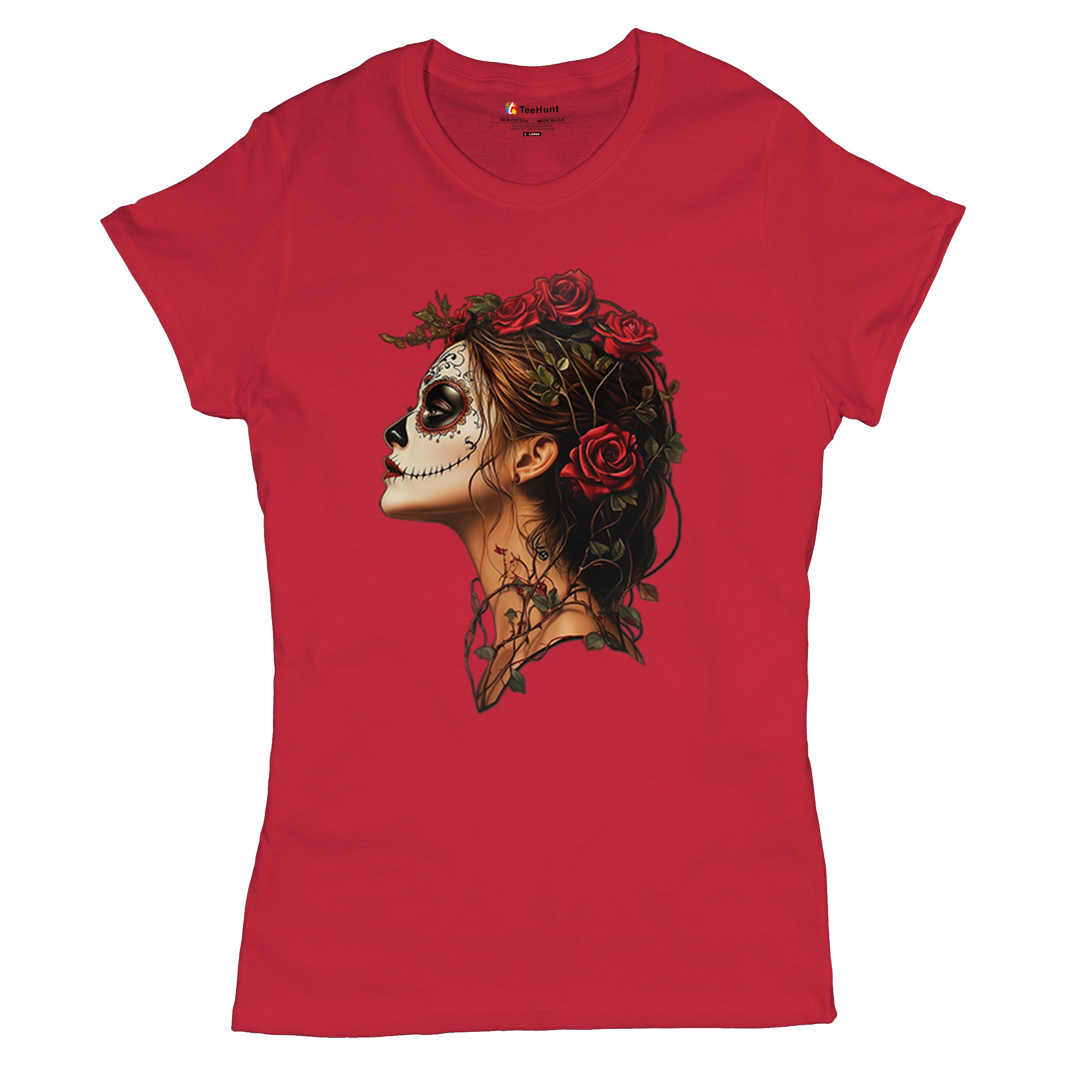 Sugar Skull Profile T-Shirt Dia de Los Muertos Skeleton Face Floral Women's Tee - Picture 20 of 50