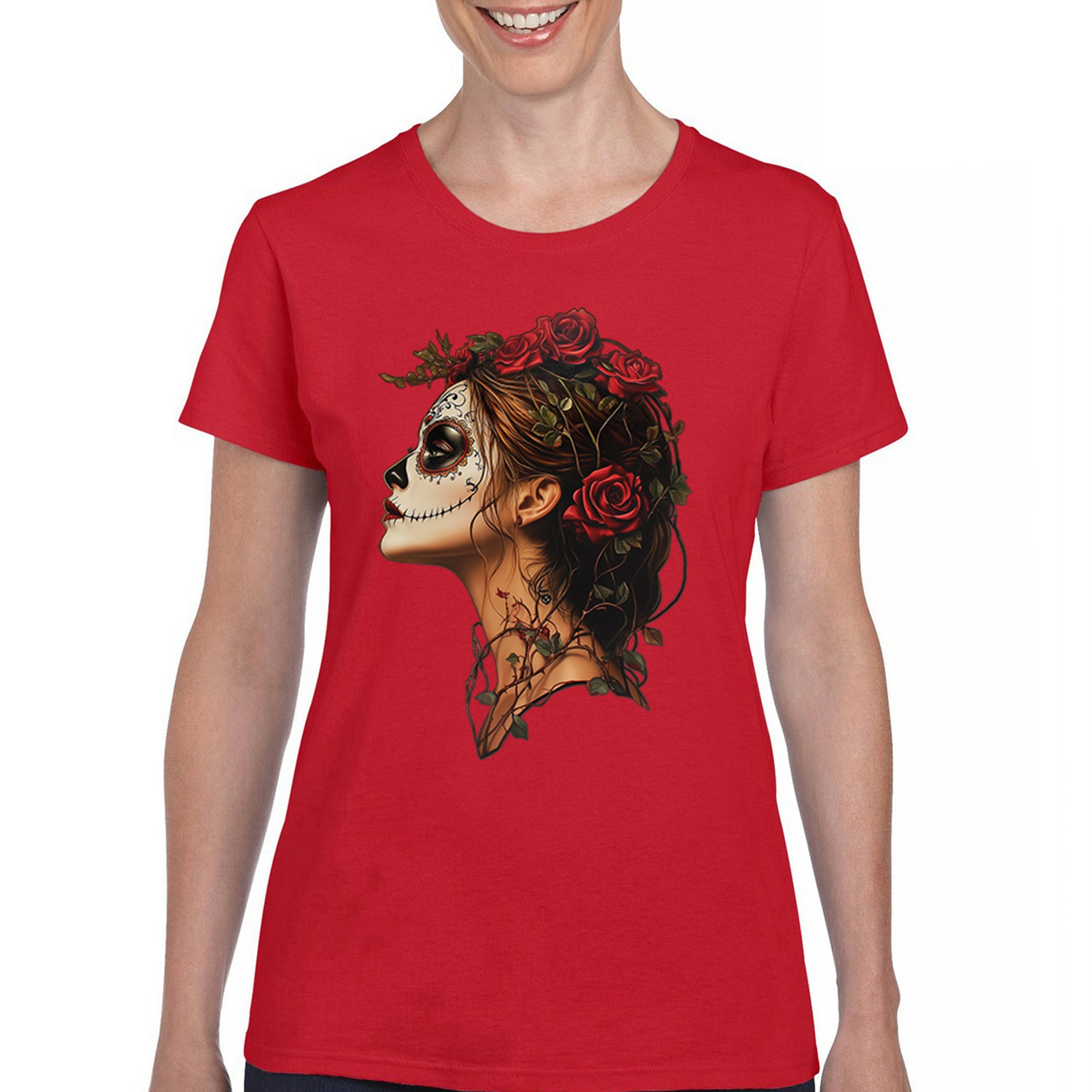 Sugar Skull Profile T-Shirt Dia de Los Muertos Skeleton Face Floral Women's Tee - Picture 16 of 50