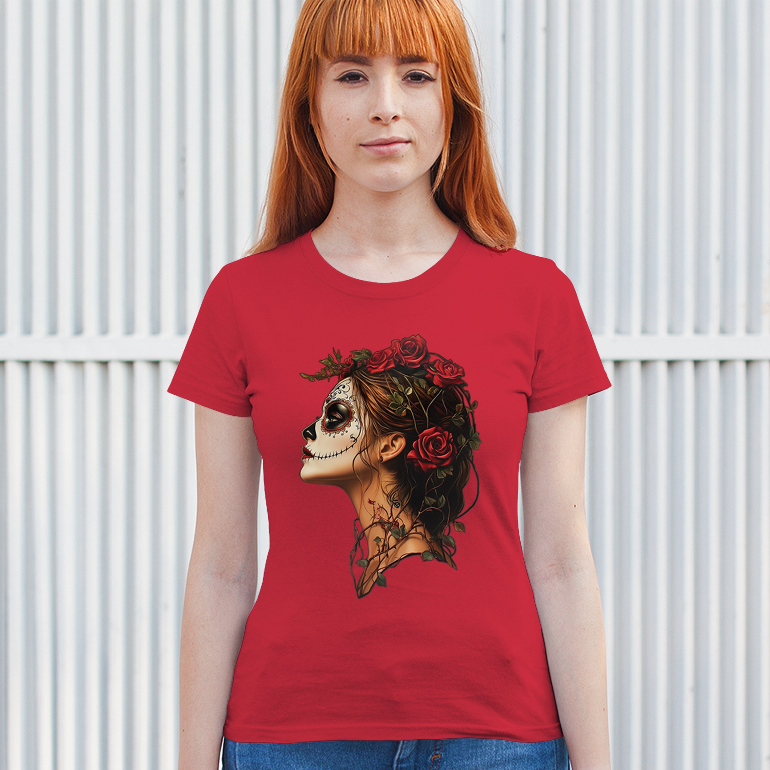 Sugar Skull Profile T-Shirt Dia de Los Muertos Skeleton Face Floral Women's Tee - Picture 19 of 50