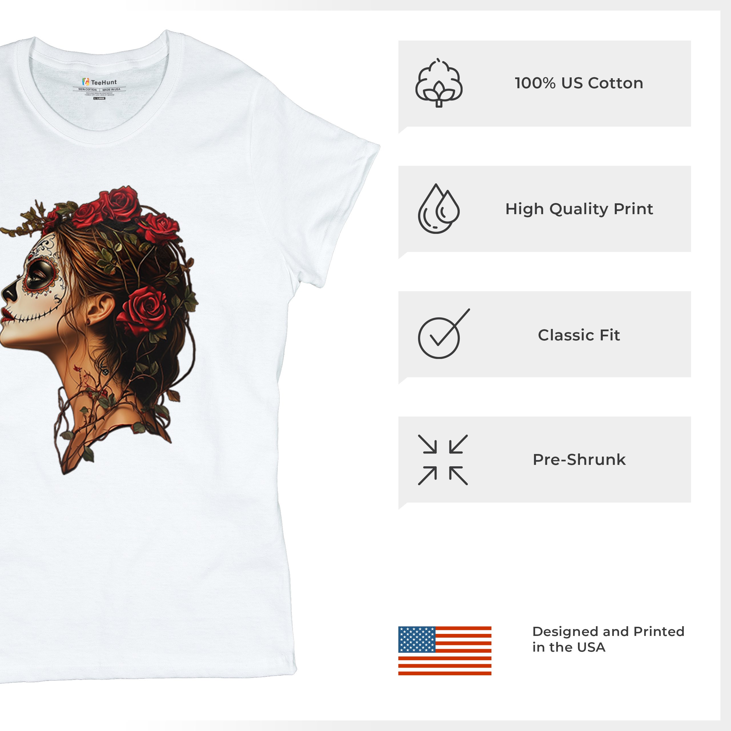 Sugar Skull Profile T-Shirt Dia de Los Muertos Skeleton Face Floral Women's Tee - Picture 28 of 50