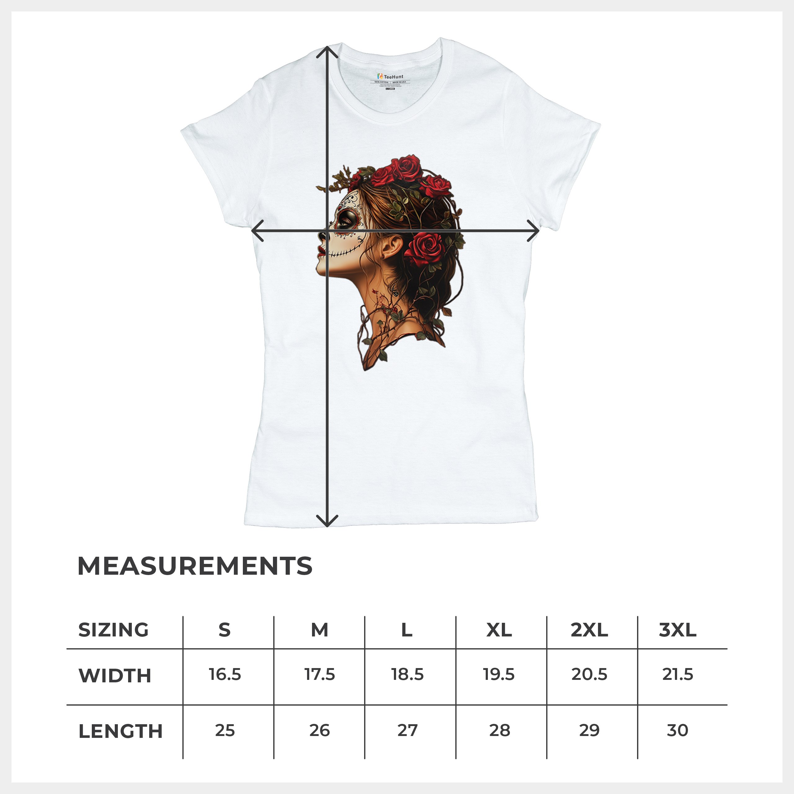 Sugar Skull Profile T-Shirt Dia de Los Muertos Skeleton Face Floral Women's Tee - Picture 29 of 50