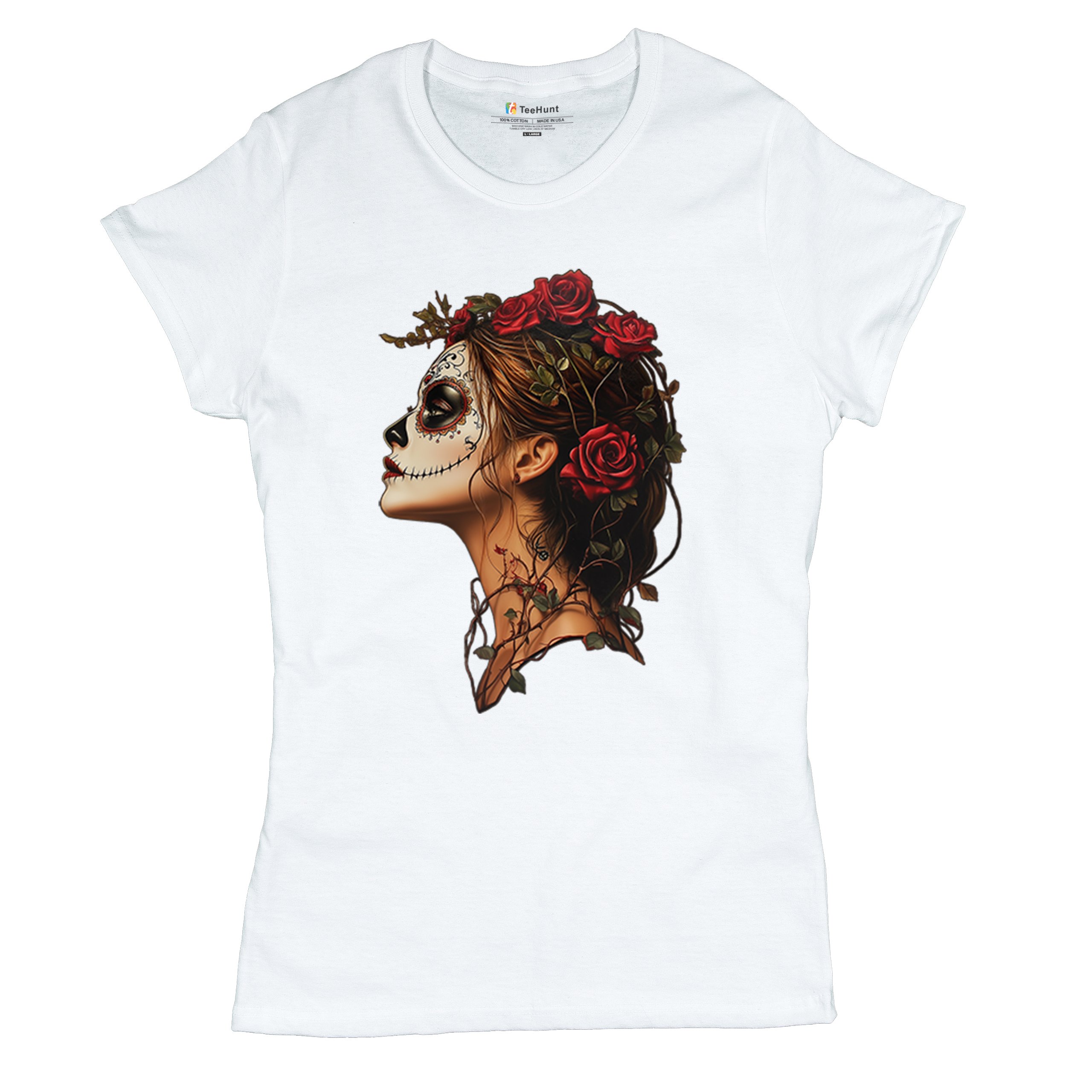 Sugar Skull Profile T-Shirt Dia de Los Muertos Skeleton Face Floral Women's Tee - Picture 27 of 50