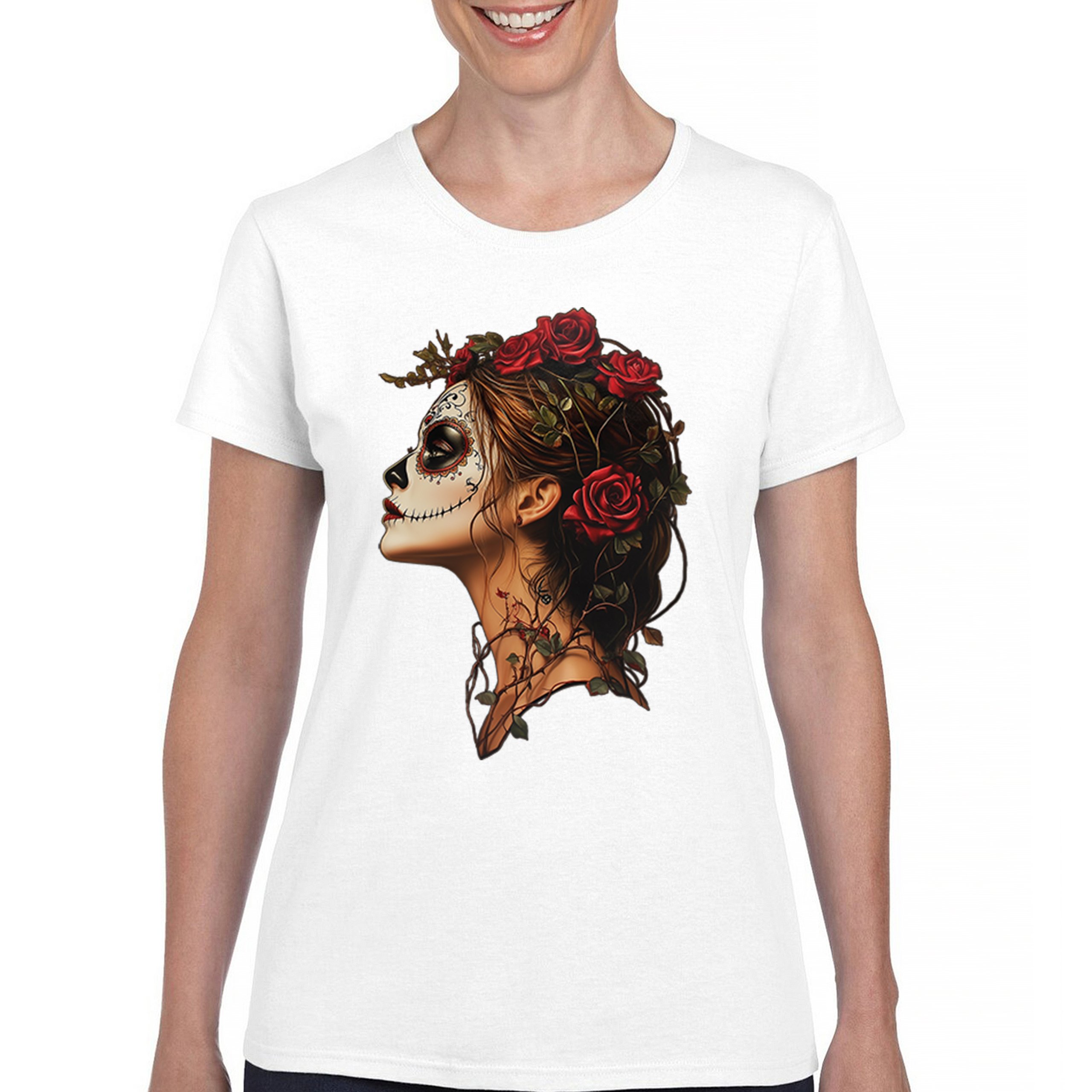 Sugar Skull Profile T-Shirt Dia de Los Muertos Skeleton Face Floral Women's Tee - Picture 23 of 50