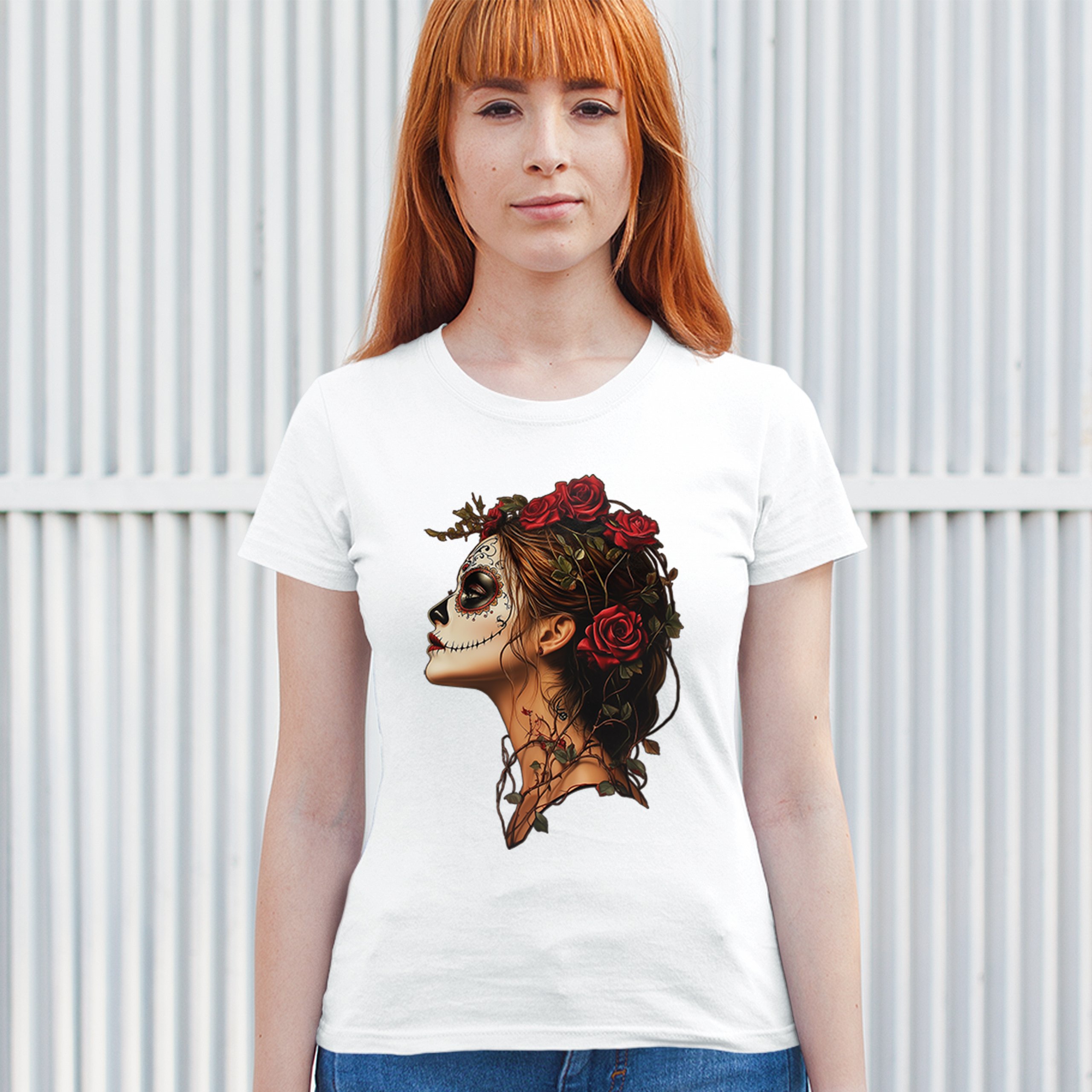 Sugar Skull Profile T-Shirt Dia de Los Muertos Skeleton Face Floral Women's Tee - Picture 26 of 50