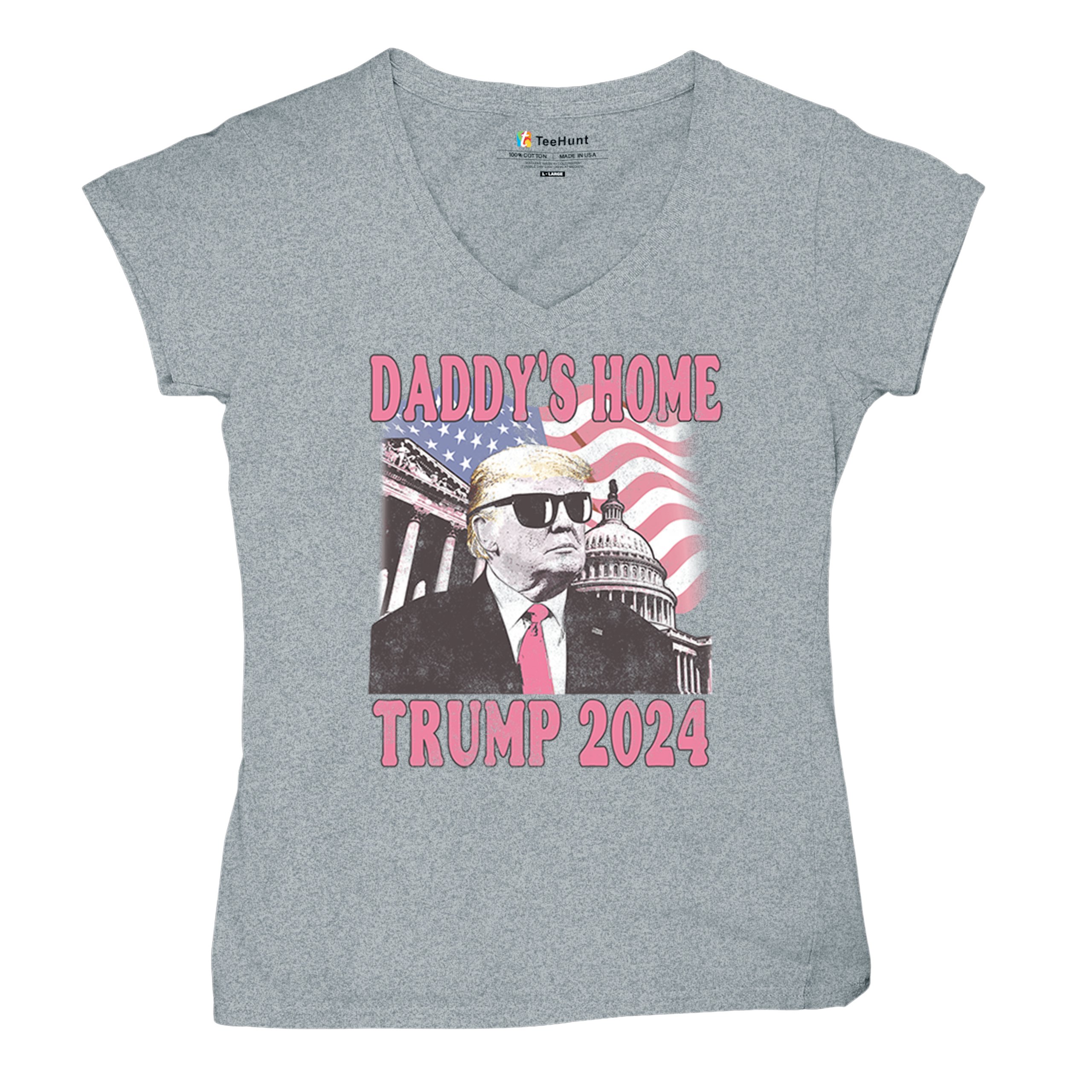 Daddy's Home Trump 2024 Women's V-Neck T-shirt MAGA 47 President Vote Red Tee