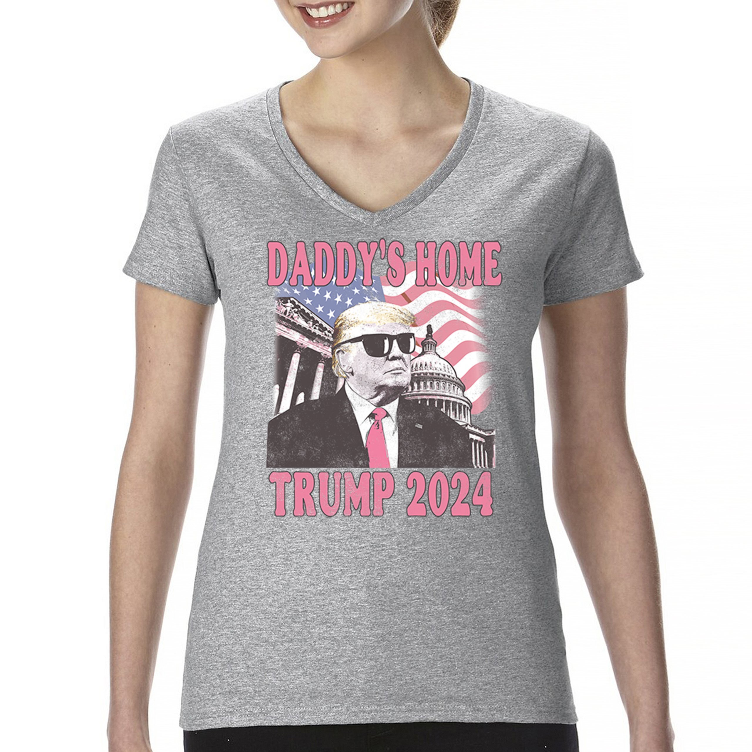 Daddy's Home Trump 2024 Women's V-Neck T-shirt MAGA 47 President Vote Red Tee