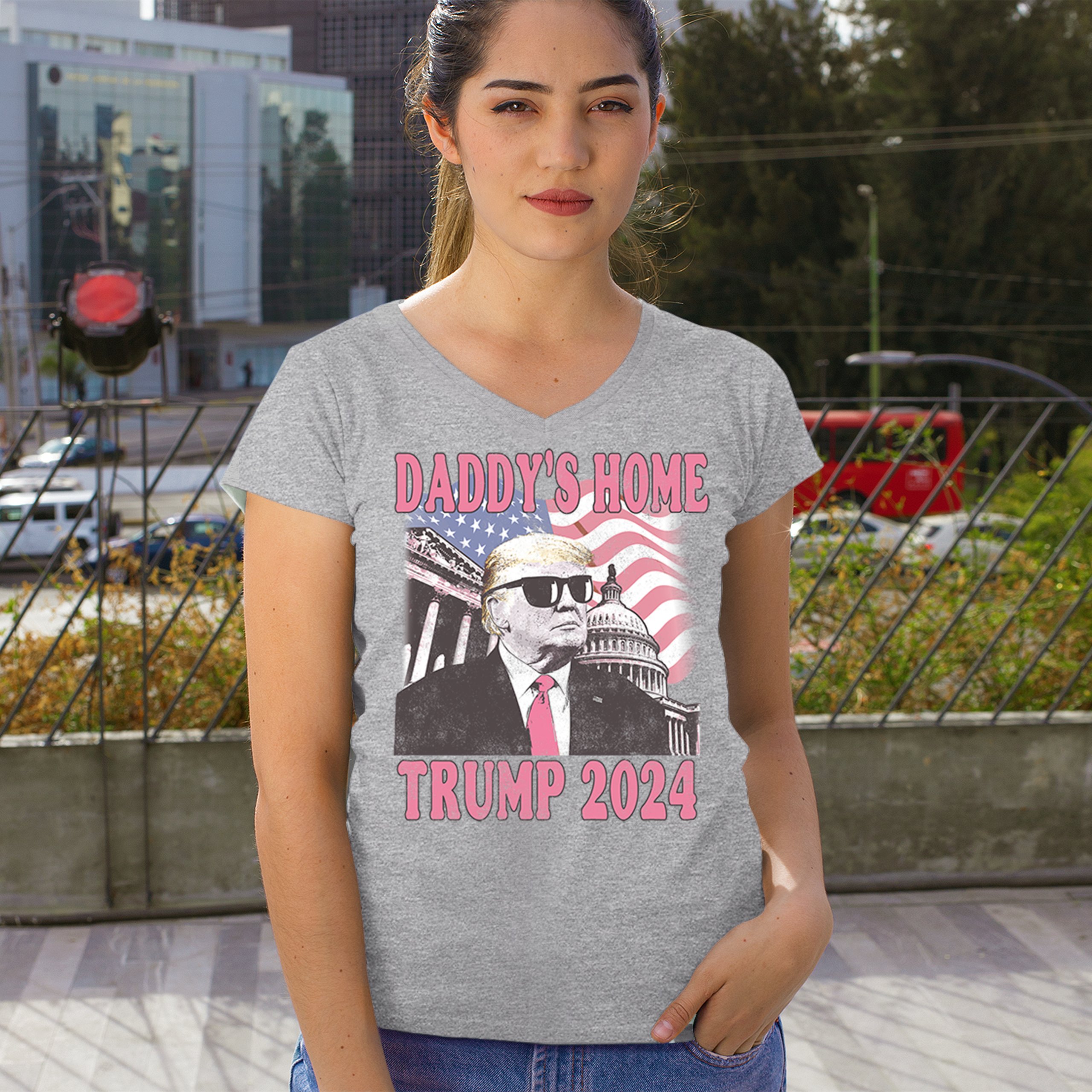 Daddy's Home Trump 2024 Women's V-Neck T-shirt MAGA 47 President Vote Red Tee