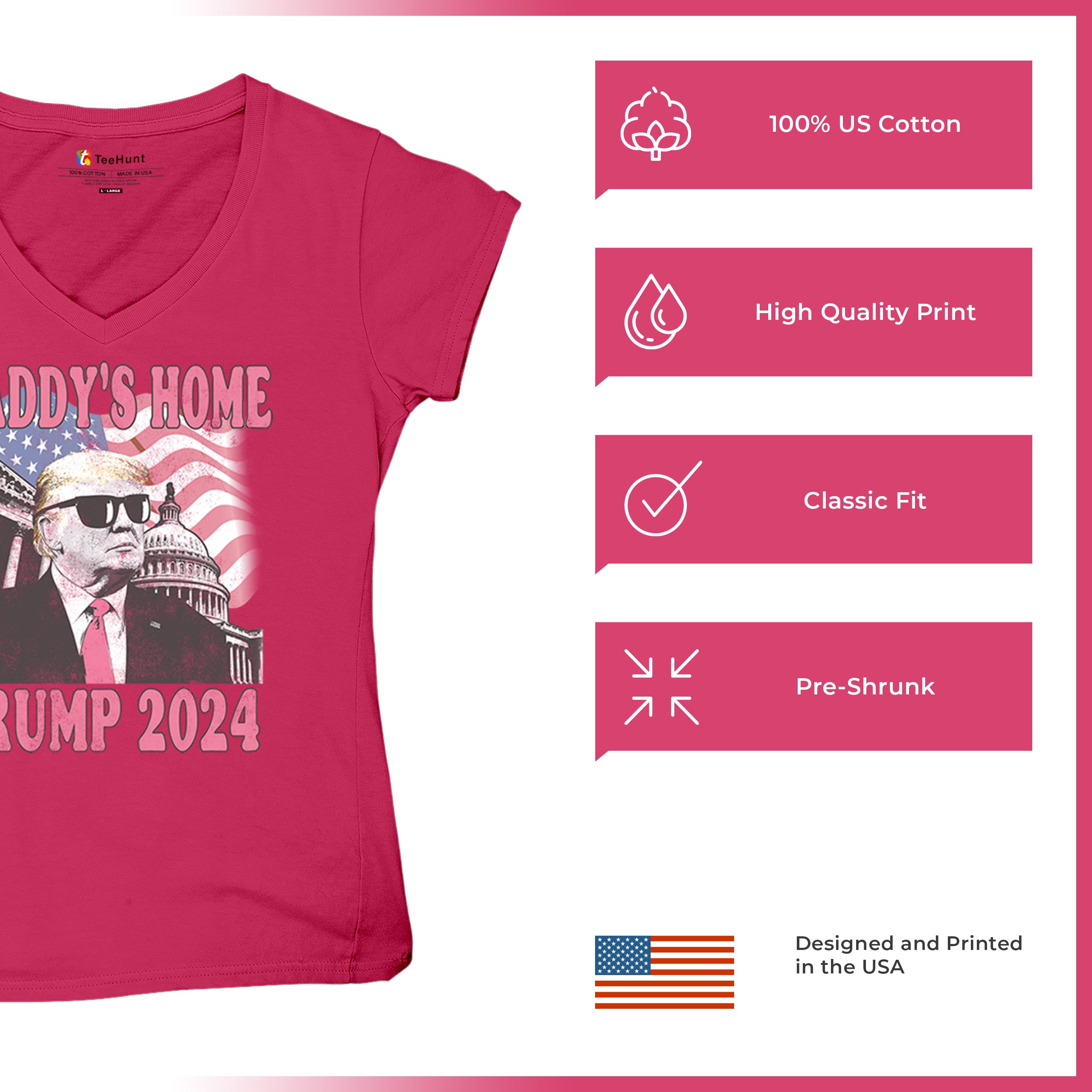 Daddy's Home Trump 2024 Women's V-Neck T-shirt MAGA 47 President Vote Red Tee