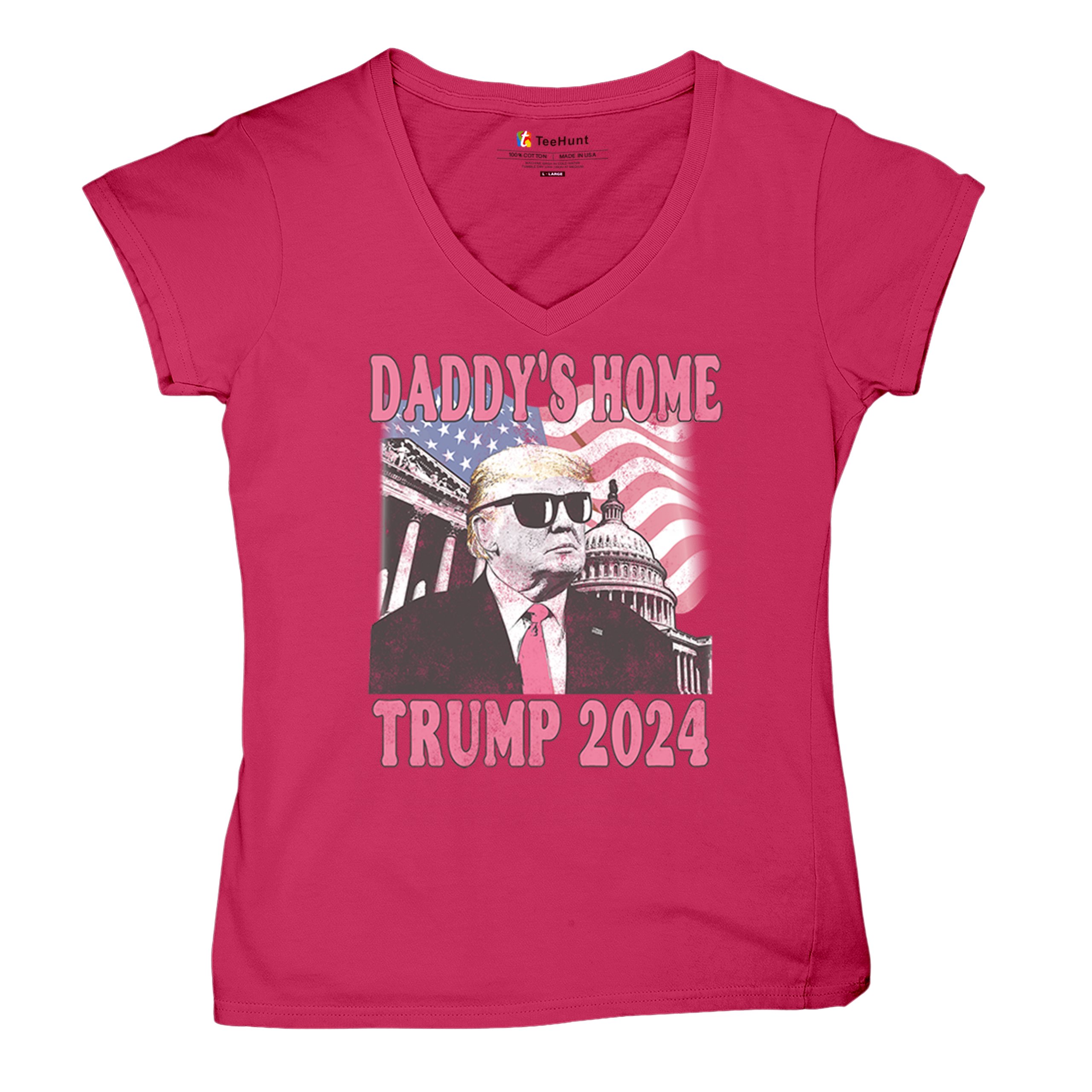 Daddy's Home Trump 2024 Women's V-Neck T-shirt MAGA 47 President Vote Red Tee