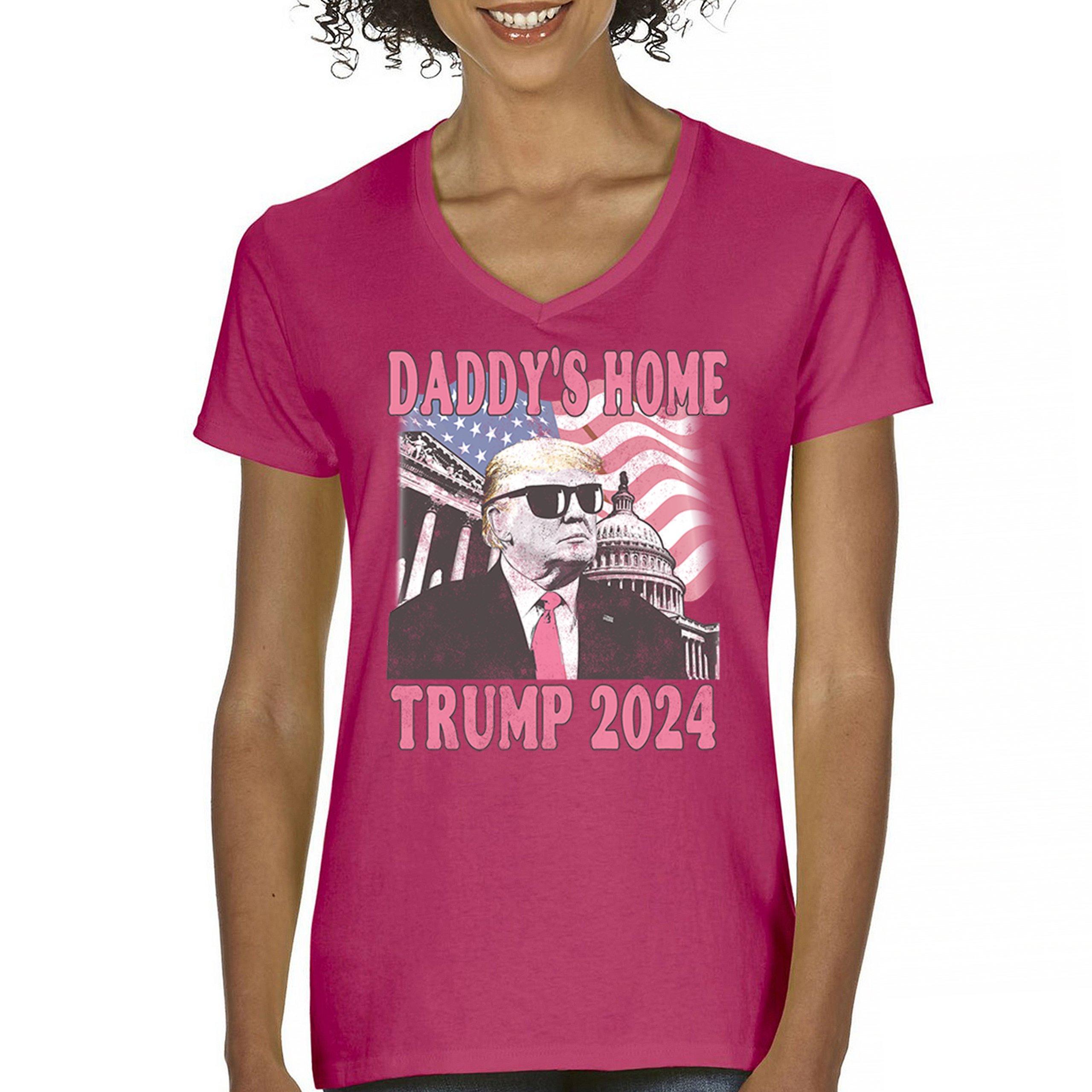 Daddy's Home Trump 2024 Women's V-Neck T-shirt MAGA 47 President Vote Red Tee