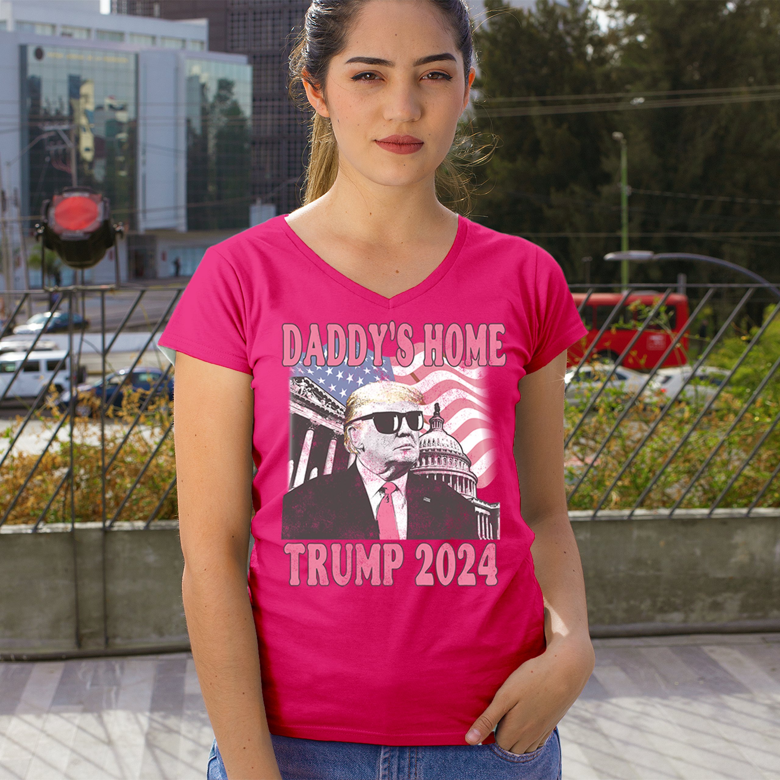 Daddy's Home Trump 2024 Women's V-Neck T-shirt MAGA 47 President Vote Red Tee