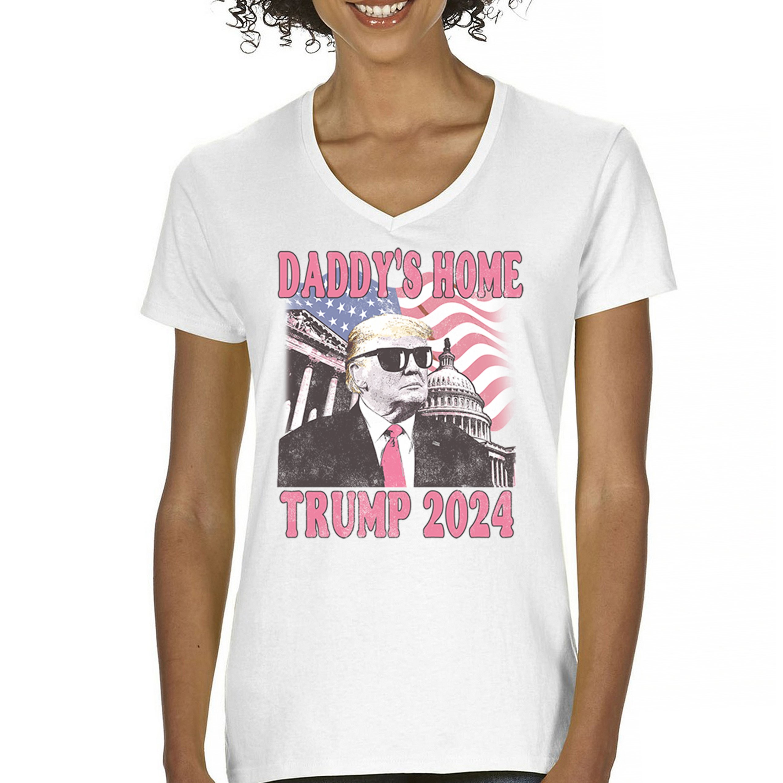 Daddy's Home Trump 2024 Women's V-Neck T-shirt MAGA 47 President Vote Red Tee