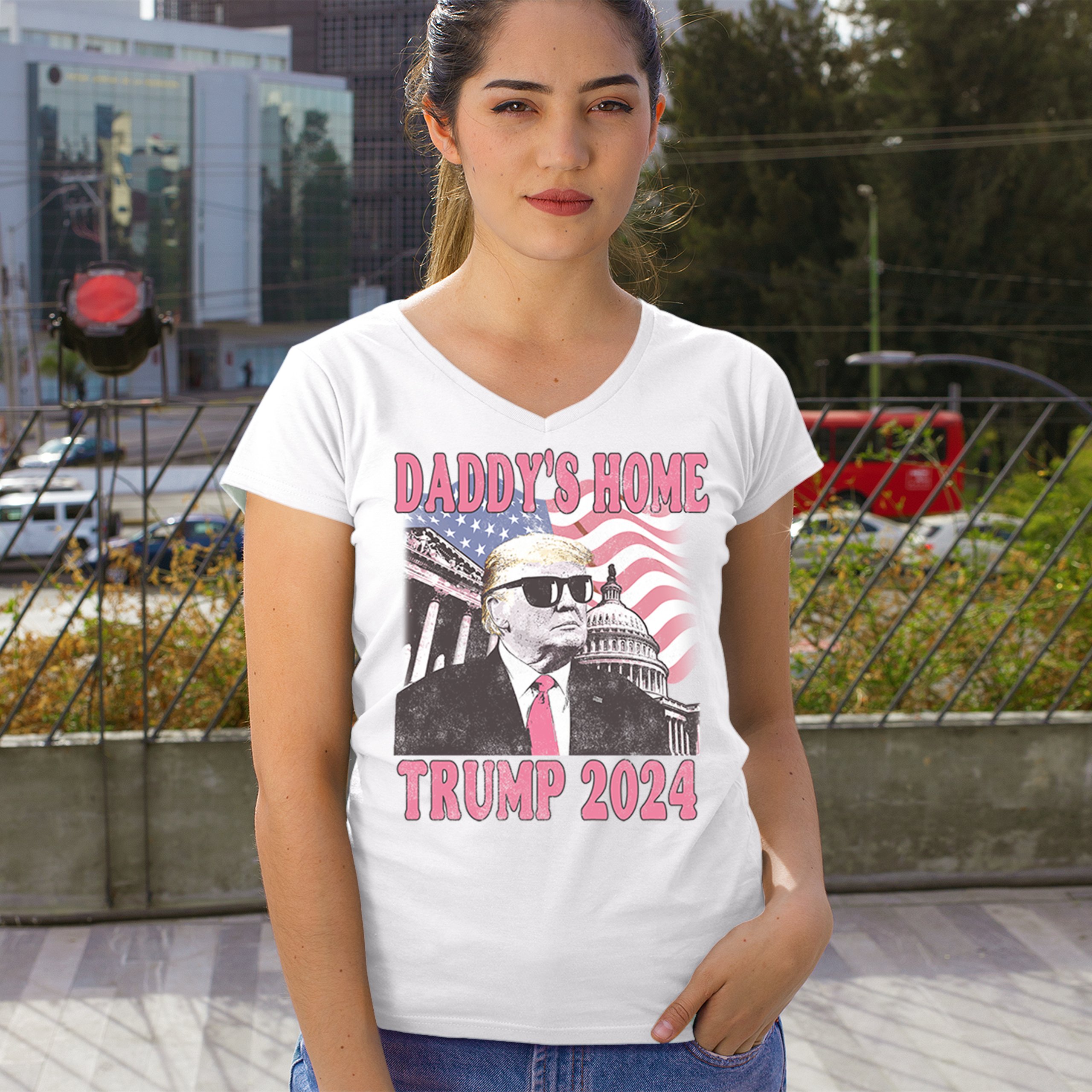 Daddy's Home Trump 2024 Women's V-Neck T-shirt MAGA 47 President Vote Red Tee