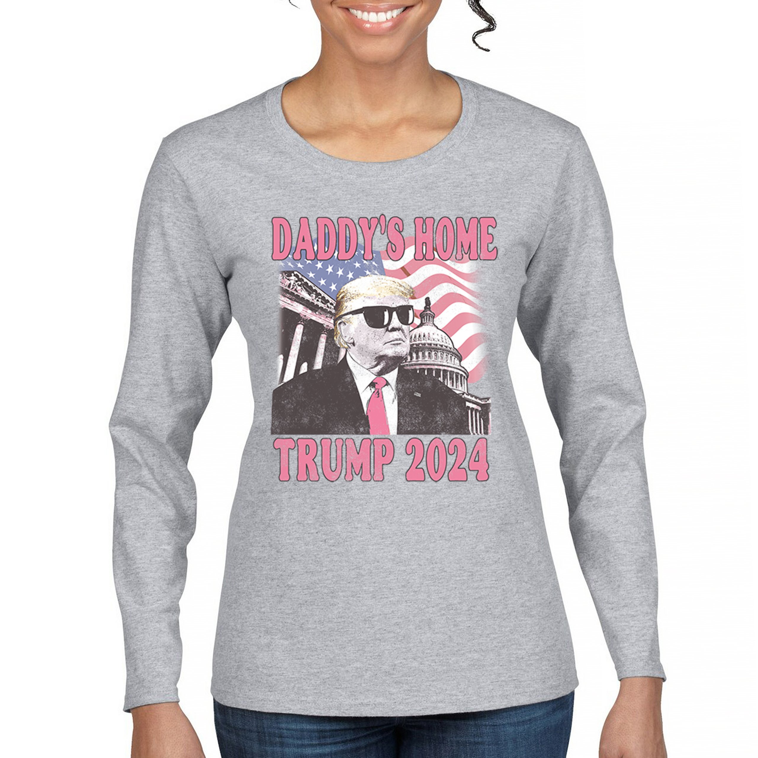 Daddy's Home Trump 2024 Women's Long Sleeve T-shirt MAGA 47 President Vote Red - Picture 9 of 22