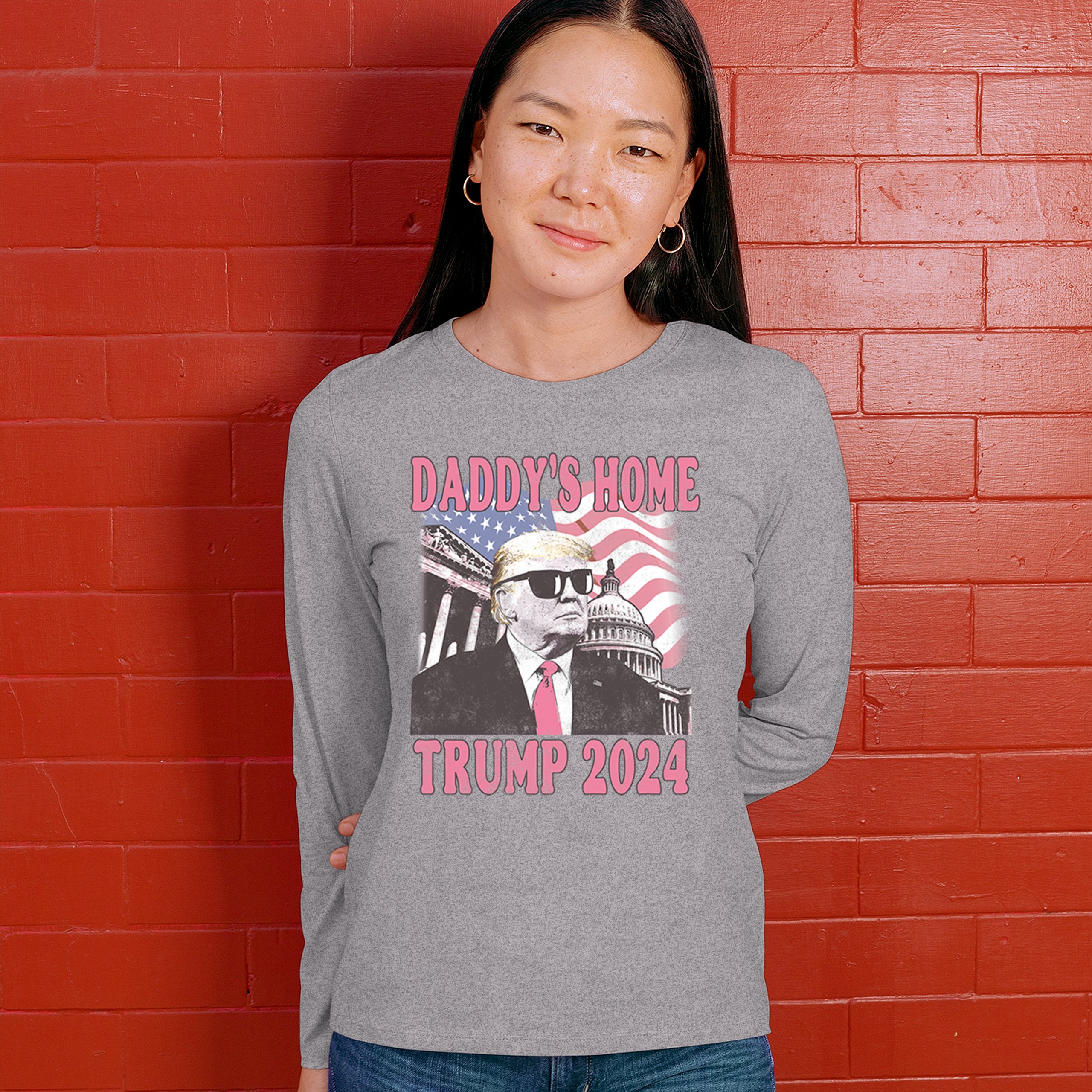 Daddy's Home Trump 2024 Women's Long Sleeve T-shirt MAGA 47 President Vote Red - Picture 12 of 22