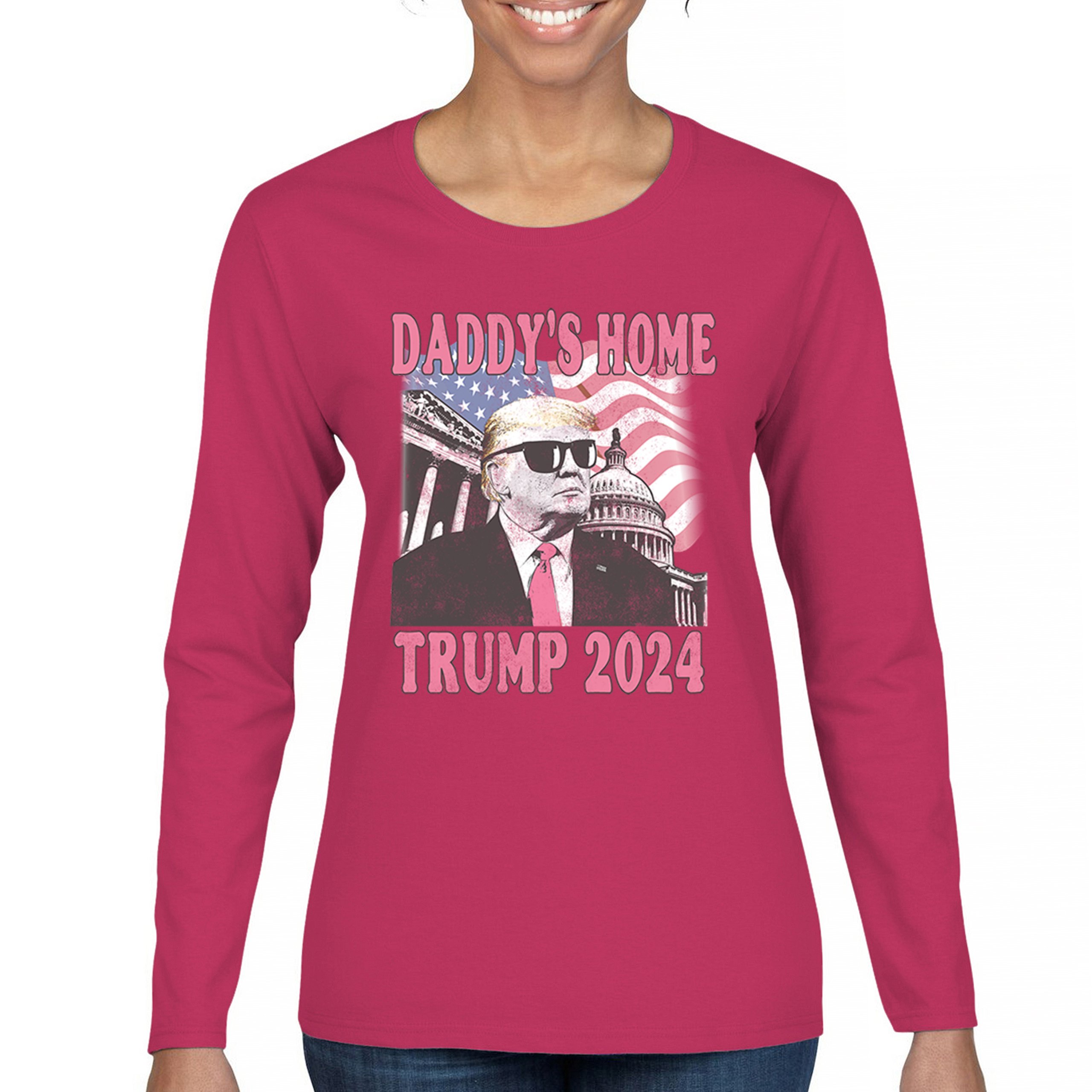 Daddy's Home Trump 2024 Women's Long Sleeve T-shirt MAGA 47 President Vote Red - Picture 16 of 22