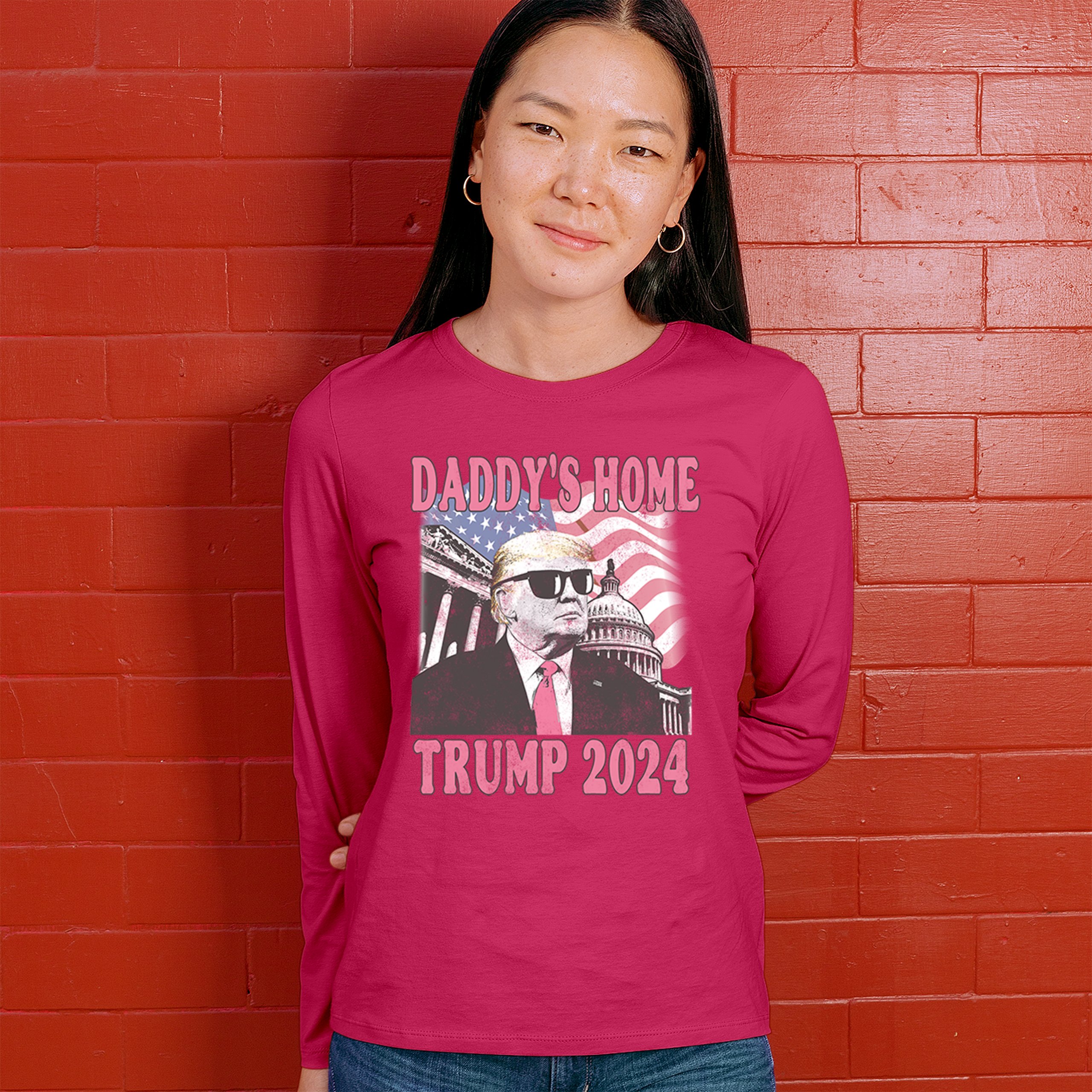 Daddy's Home Trump 2024 Women's Long Sleeve T-shirt MAGA 47 President Vote Red - Picture 19 of 22