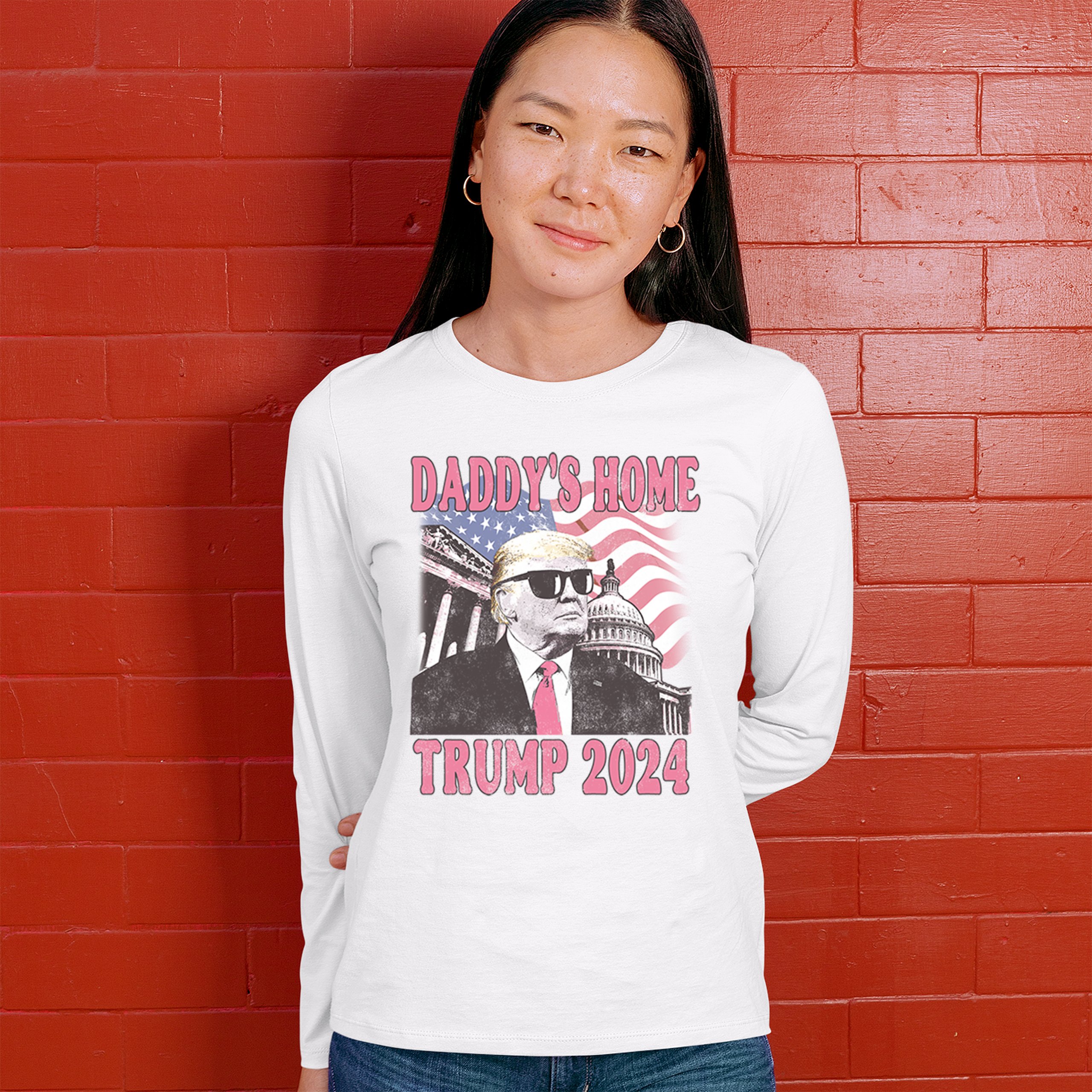 Daddy's Home Trump 2024 Women's Long Sleeve T-shirt MAGA 47 President Vote Red - Picture 5 of 22
