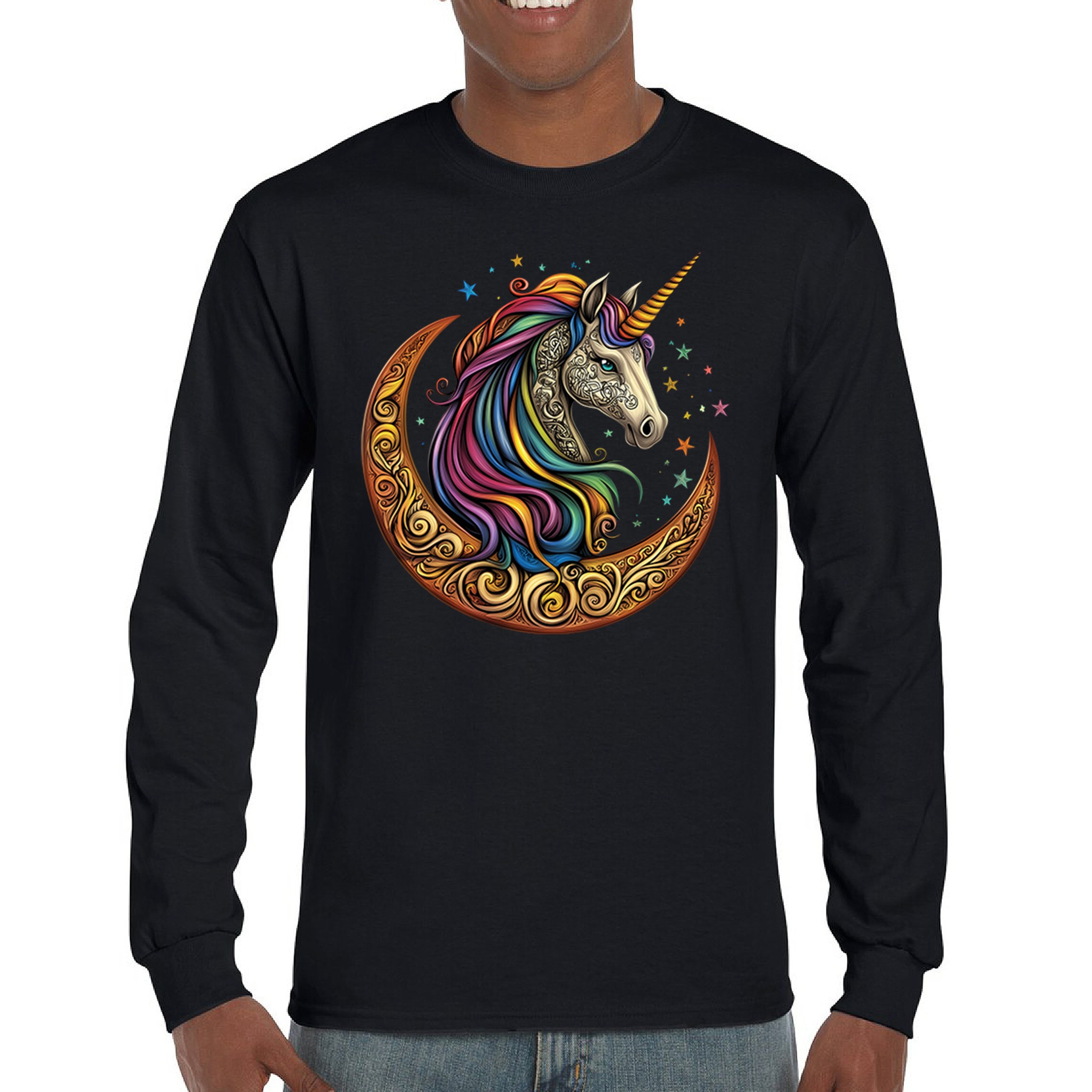 Celtic Moon Unicorn Long Sleeve T-shirt Rainbow Fantasy Spiritual Magic Horse