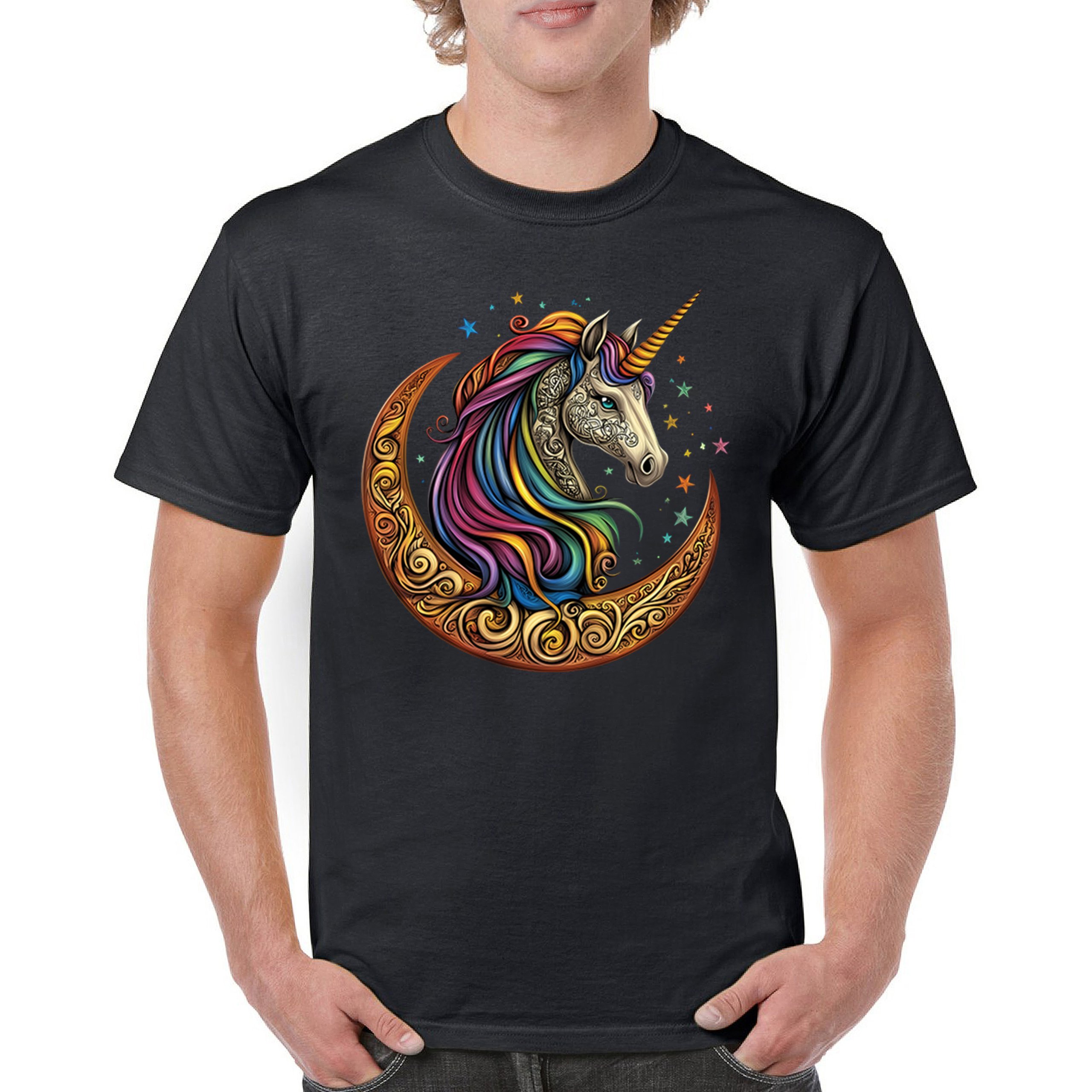 Celtic Moon Unicorn T-shirt Rainbow Fantasy Spiritual Magic Horse Men’s Tee