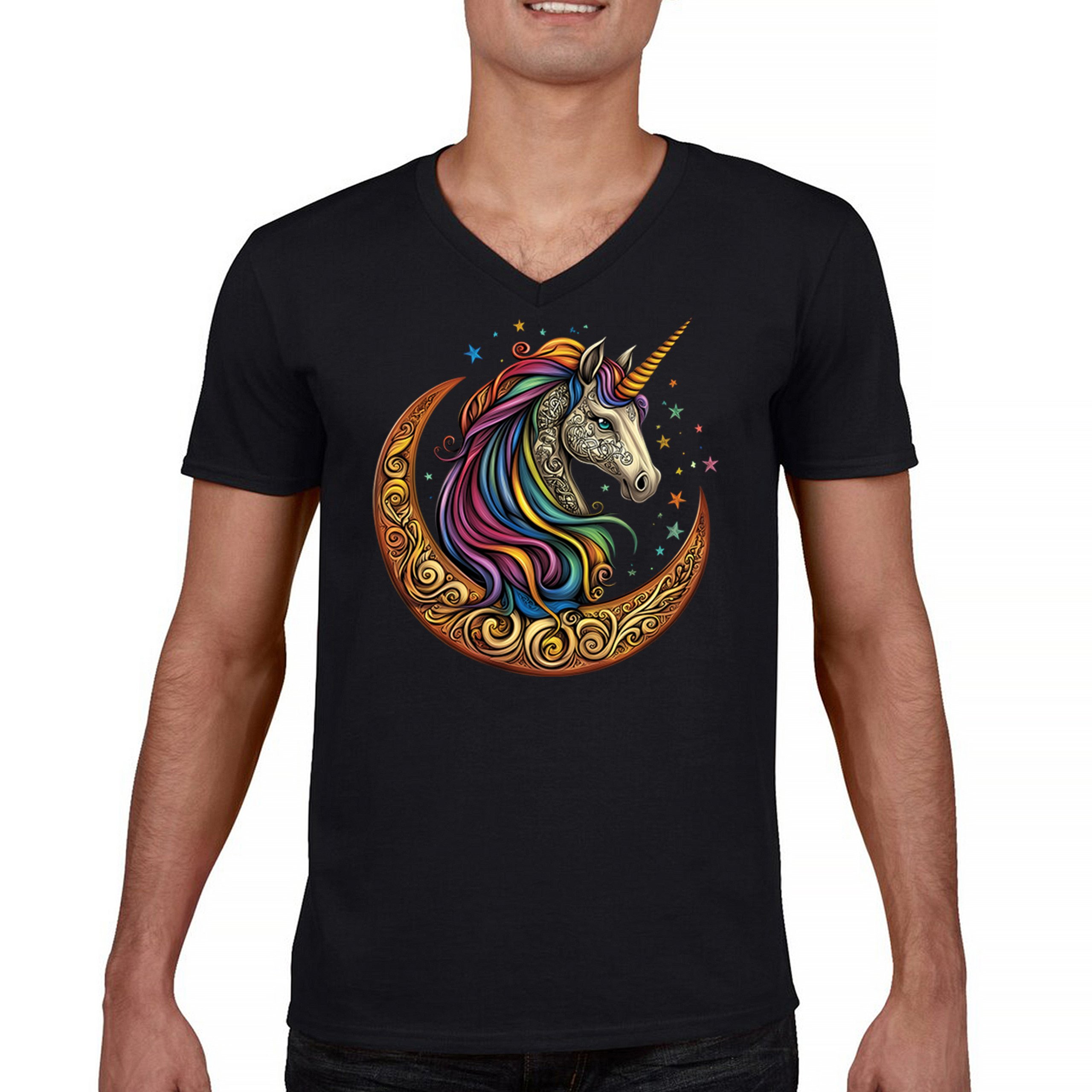Celtic Moon Unicorn V-Neck T-shirt Rainbow Fantasy Spiritual Magic Horse Tee