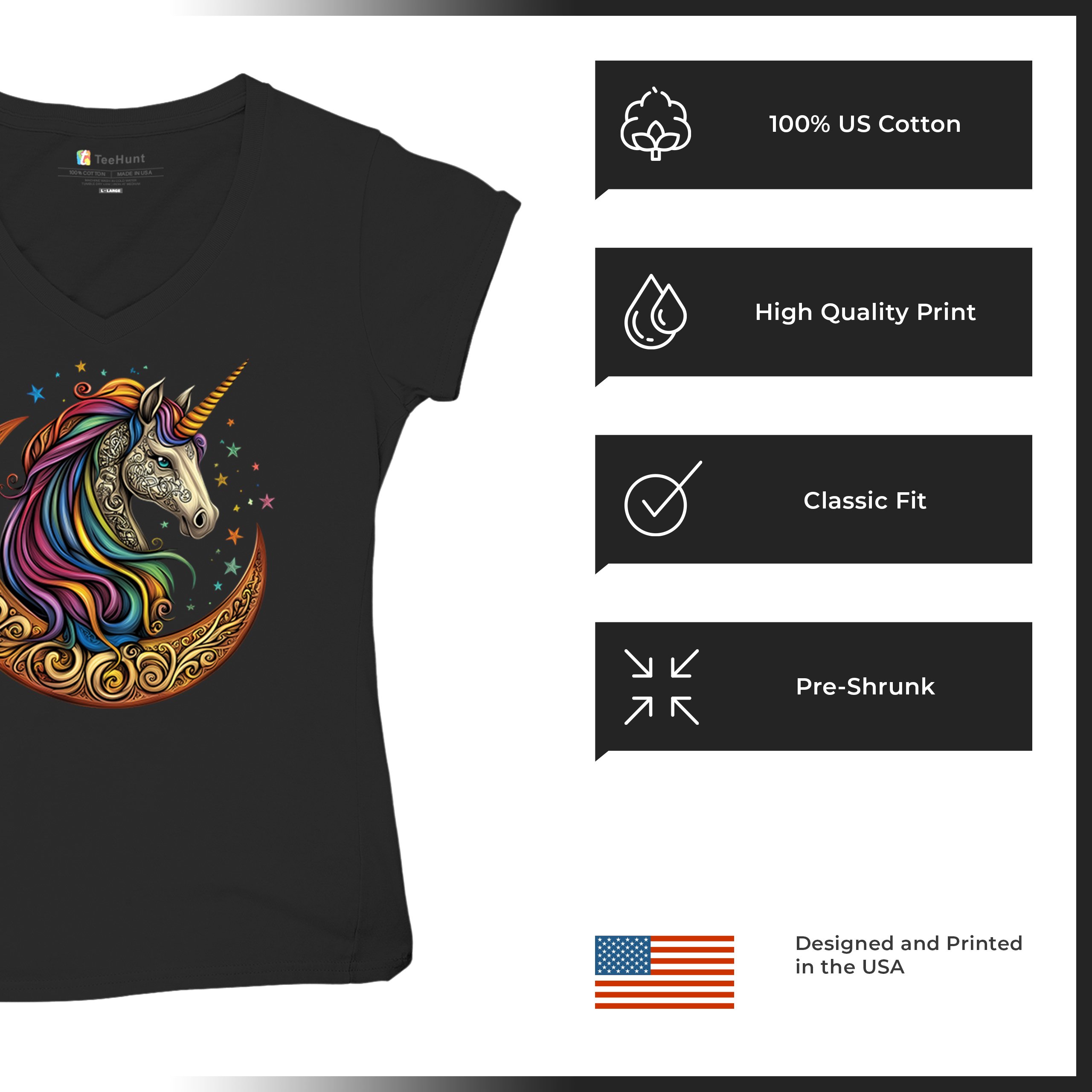 Celtic Moon Unicorn Women's V-Neck T-shirt Rainbow Fantasy Spiritual Horse Tee