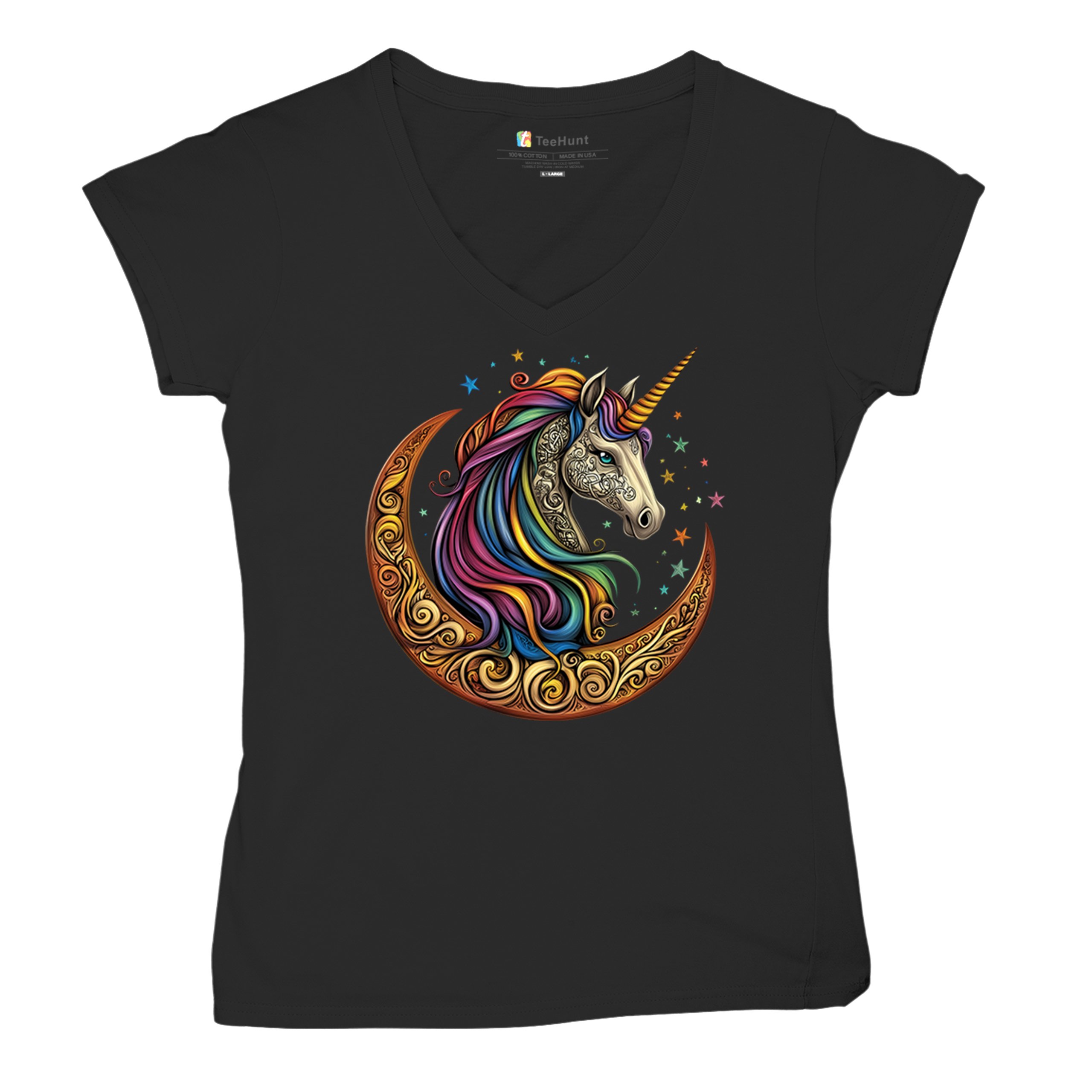 Celtic Moon Unicorn Women's V-Neck T-shirt Rainbow Fantasy Spiritual Horse Tee