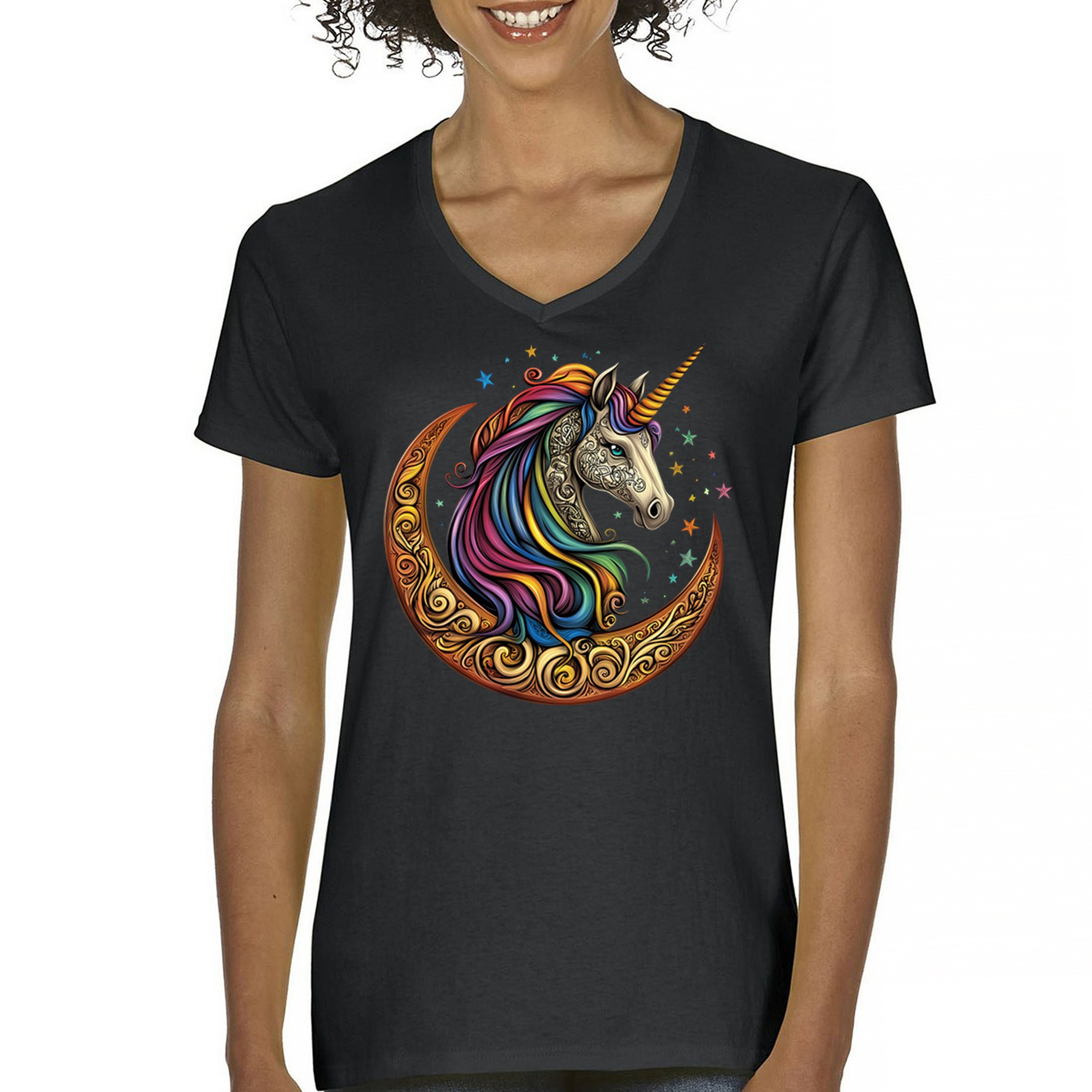 Celtic Moon Unicorn Women's V-Neck T-shirt Rainbow Fantasy Spiritual Horse Tee