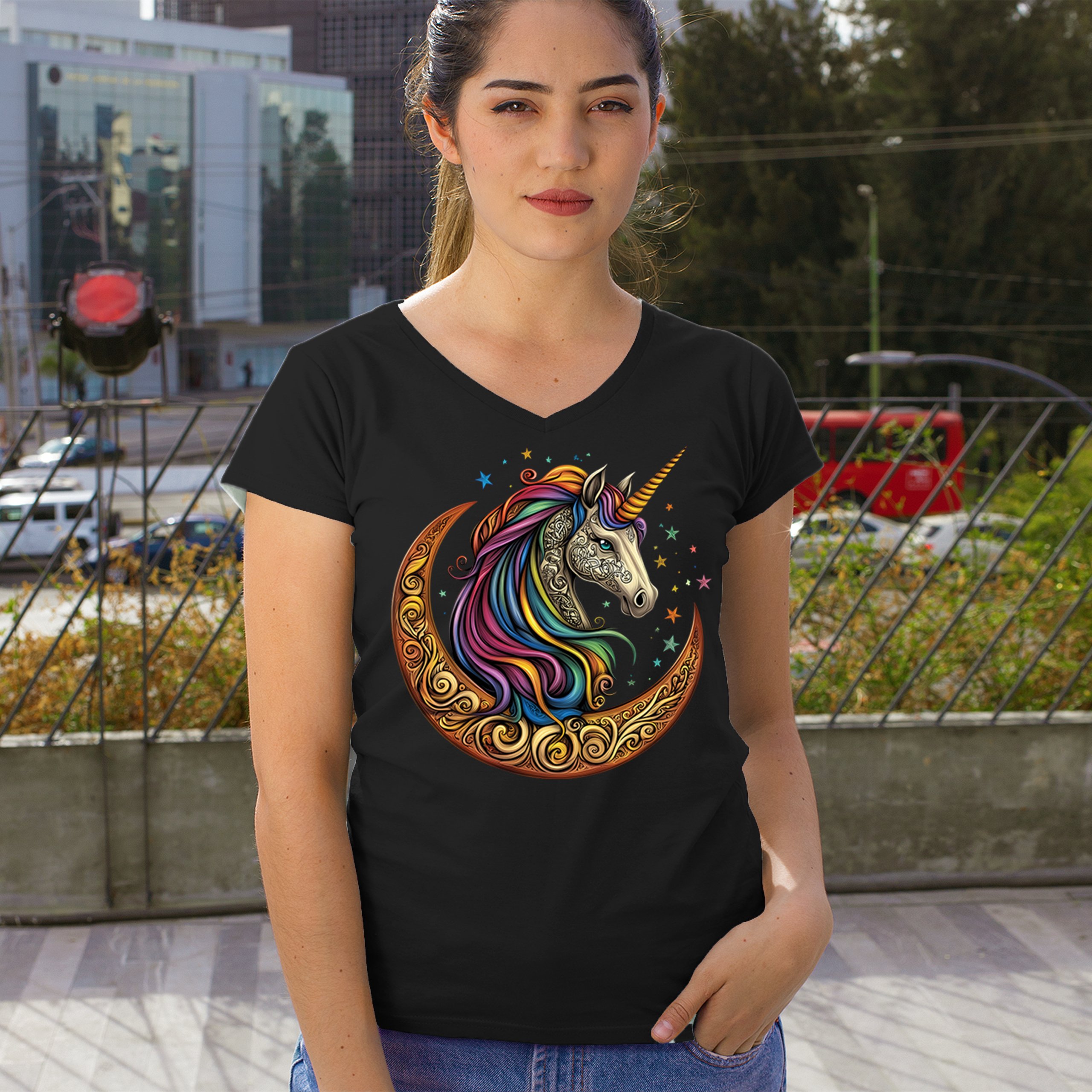 Celtic Moon Unicorn Women's V-Neck T-shirt Rainbow Fantasy Spiritual Horse Tee
