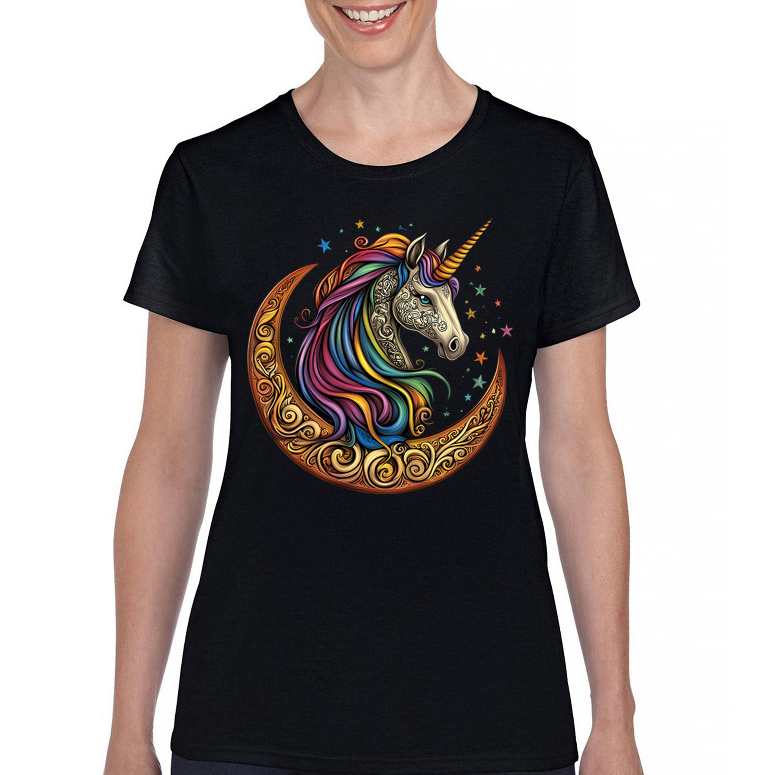 Celtic Moon Unicorn T-Shirt Rainbow Fantasy Spiritual Magic Horse Women’s Tee