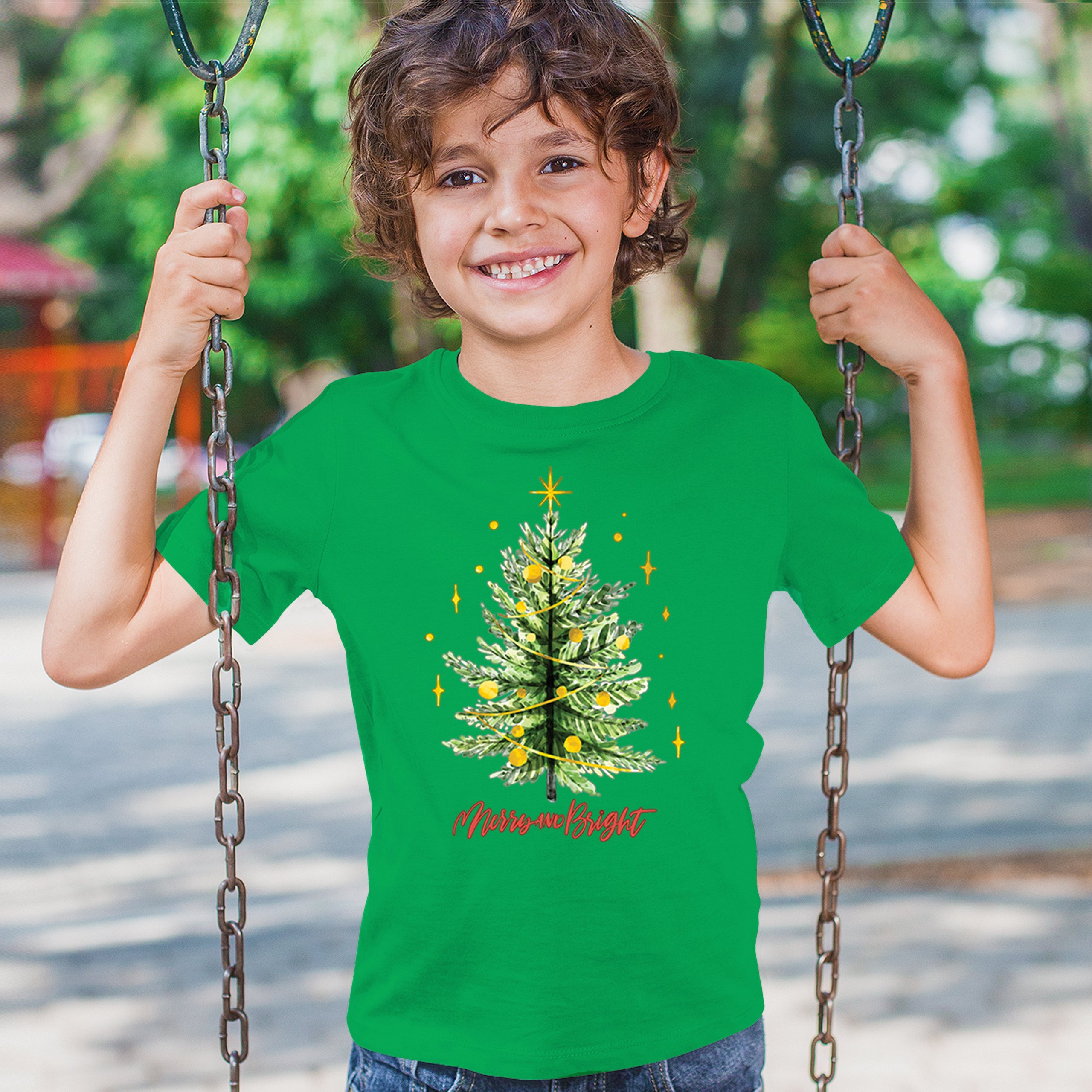 Merry And Bright Youth T-shirt Christmas Tree Holiday Spirit Jolly