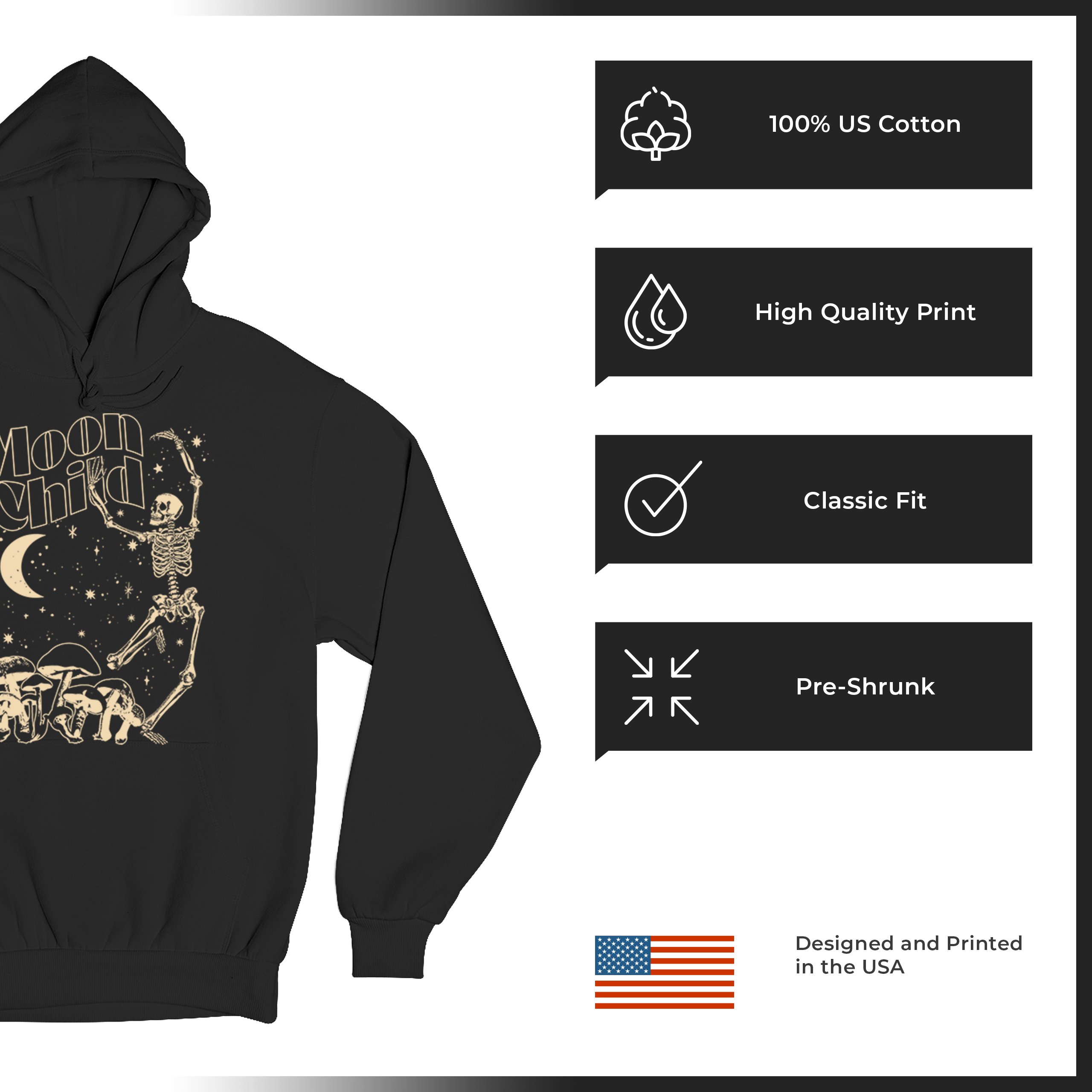 Moon Child Skeleton Sweatshirt Mystic Mushroom Lunar Spirit Halloween Hoodie - Picture 7 of 29