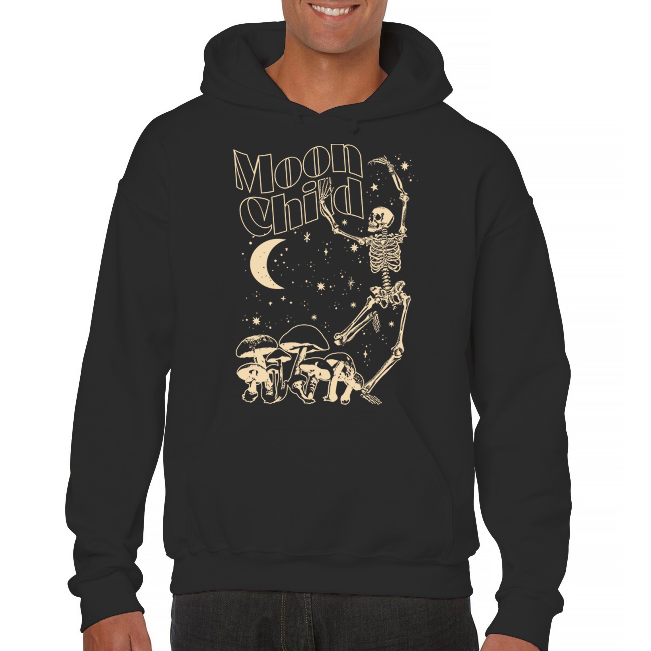 Moon Child Skeleton Sweatshirt Mystic Mushroom Lunar Spirit Halloween Hoodie - Picture 2 of 29