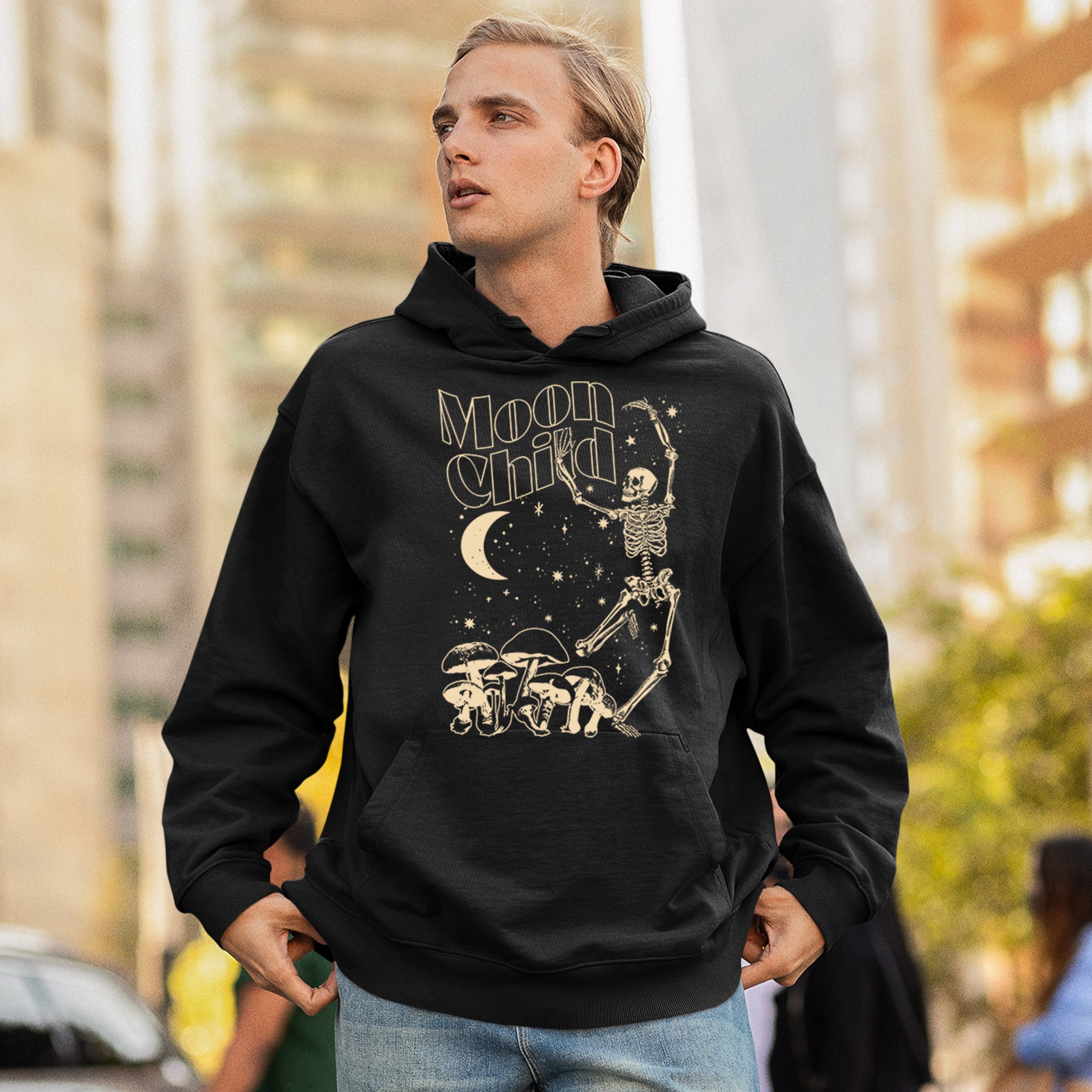 Moon Child Skeleton Sweatshirt Mystic Mushroom Lunar Spirit Halloween Hoodie - Picture 5 of 29