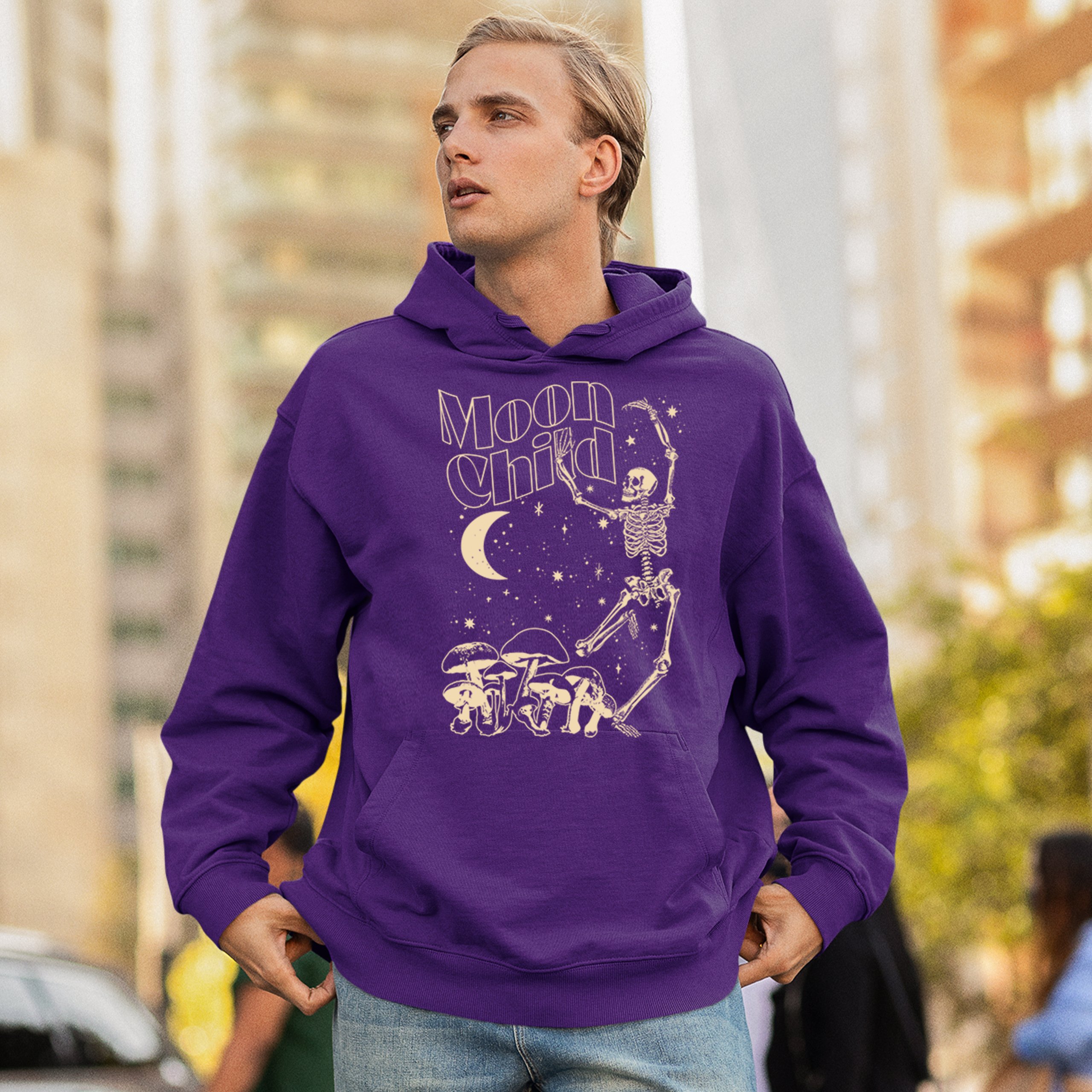 Moon Child Skeleton Sweatshirt Mystic Mushroom Lunar Spirit Halloween Hoodie - Picture 12 of 29