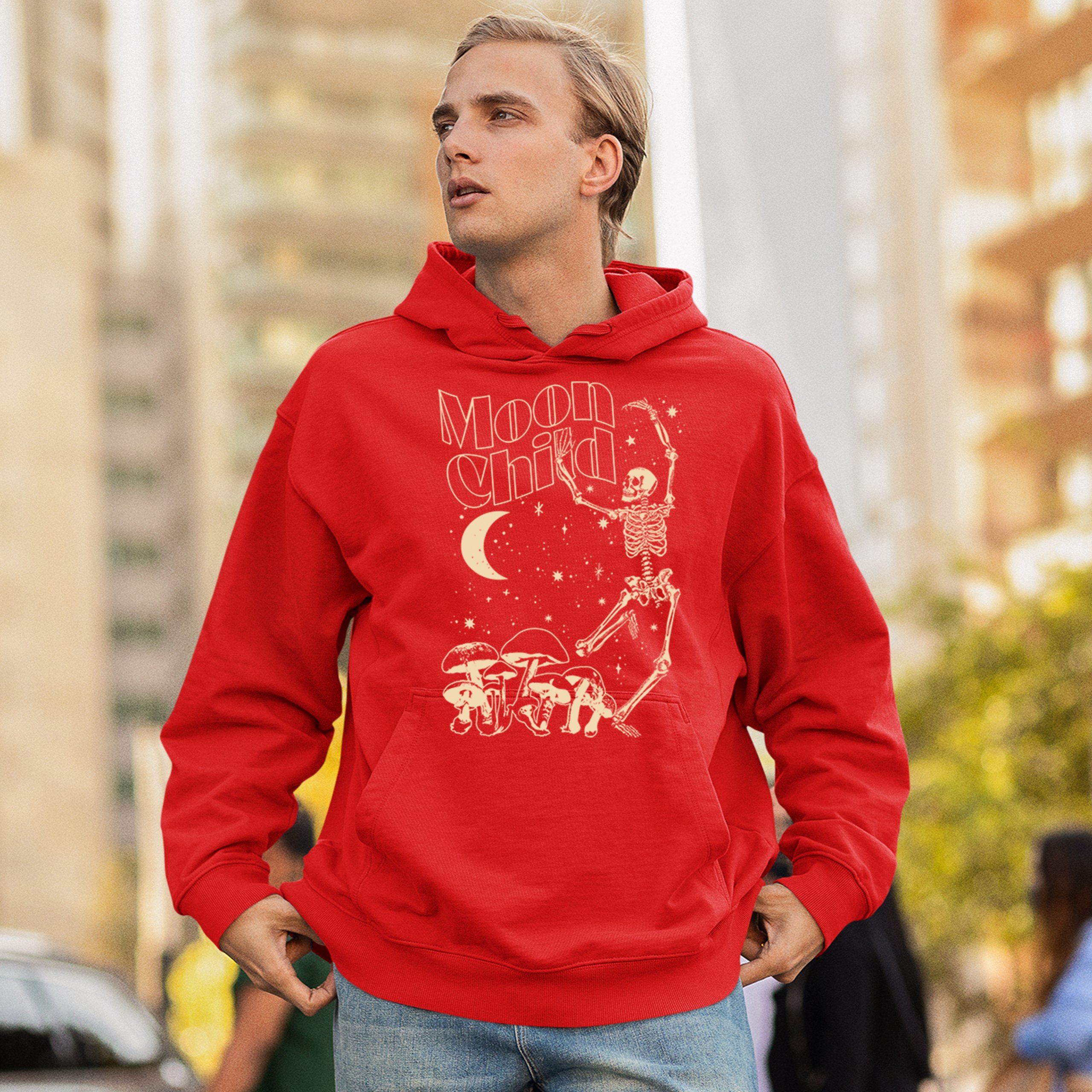 Moon Child Skeleton Sweatshirt Mystic Mushroom Lunar Spirit Halloween Hoodie - Picture 19 of 29