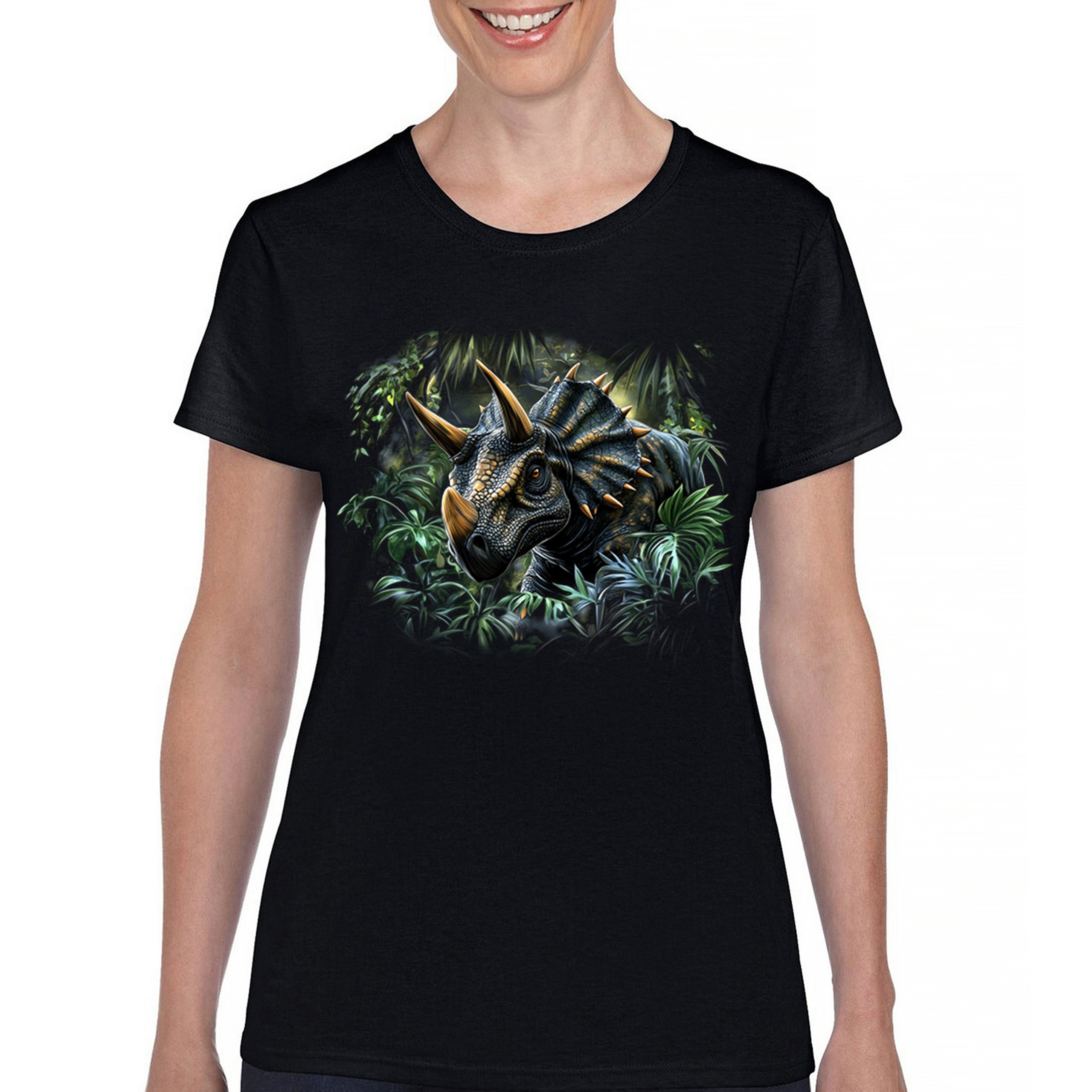 Triceratops Jungle T-Shirt Dinosaur Dino Jurassic Era Prehistoric Women's Tee - Picture 2 of 50