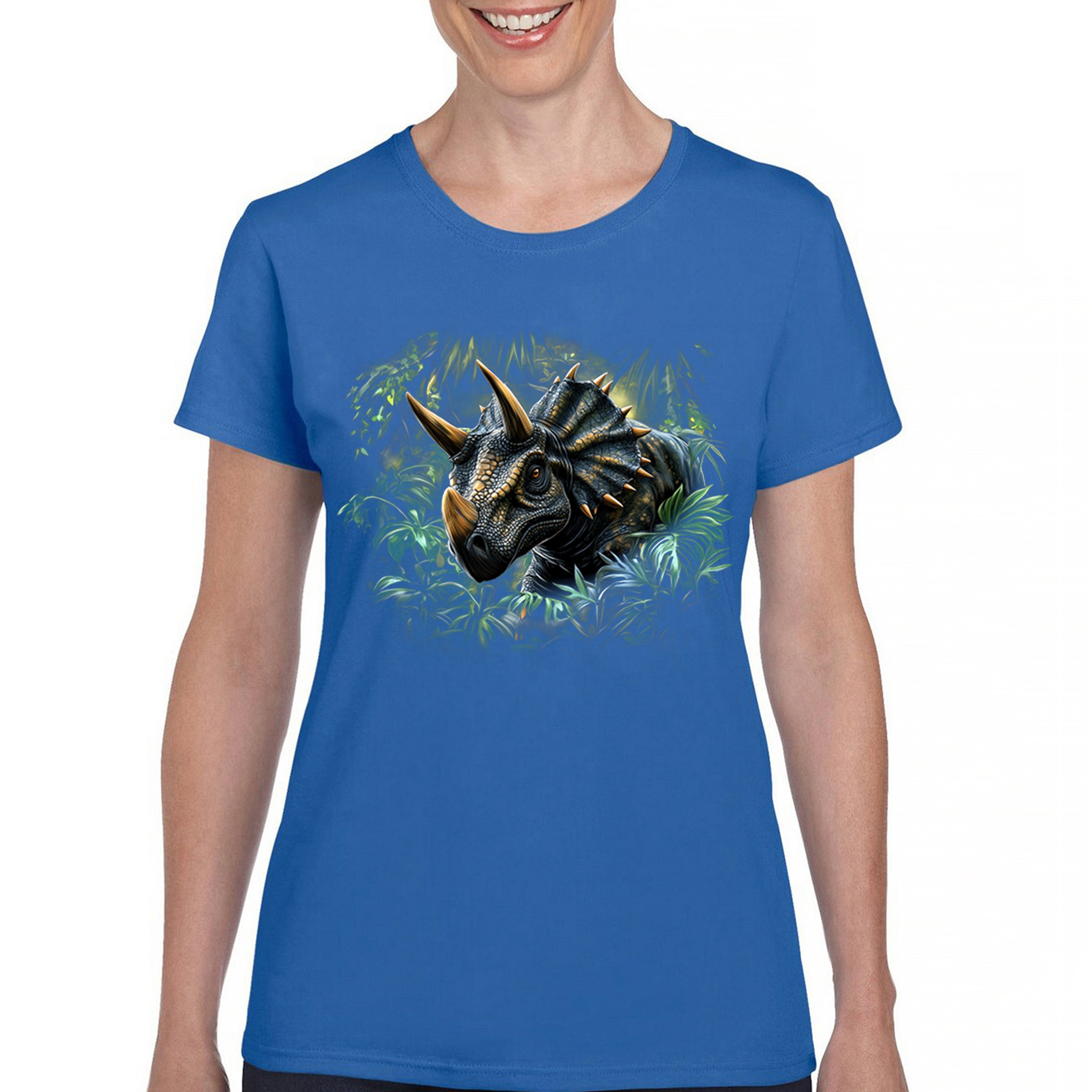 Triceratops Jungle T-Shirt Dinosaur Dino Jurassic Era Prehistoric Women's Tee - Picture 30 of 50