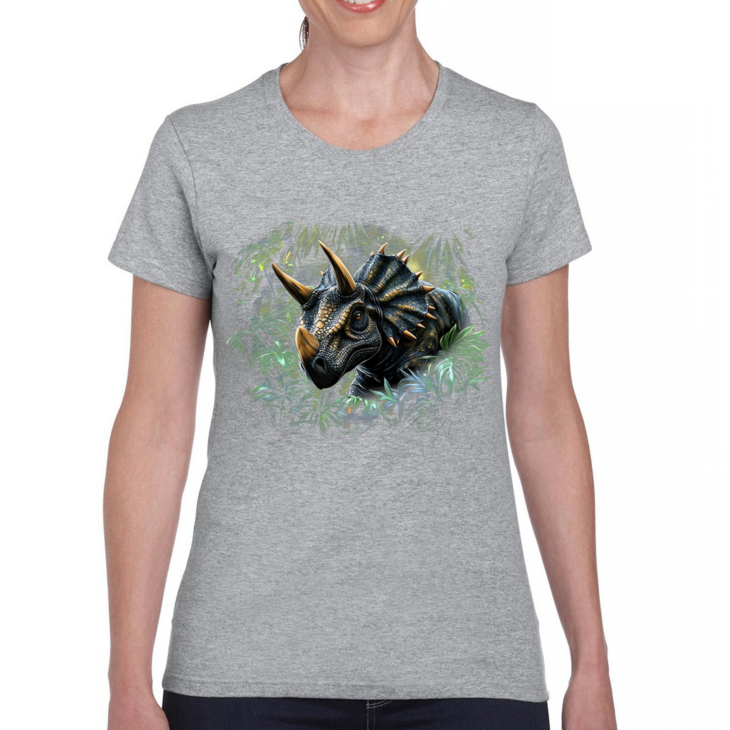 Triceratops Jungle T-Shirt Dinosaur Dino Jurassic Era Prehistoric Women's Tee - Picture 9 of 50