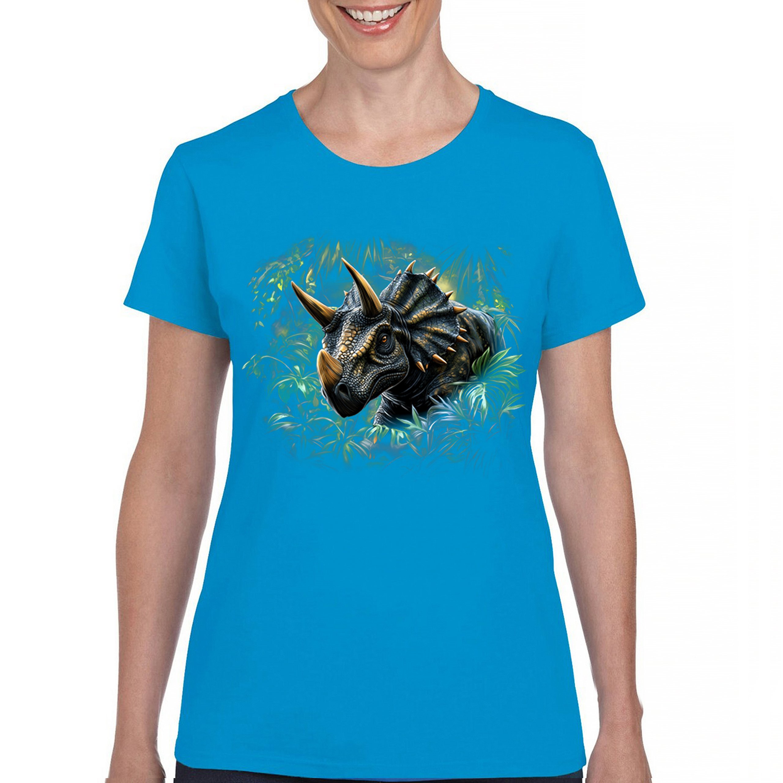 Triceratops Jungle T-Shirt Dinosaur Dino Jurassic Era Prehistoric Women's Tee - Picture 37 of 50