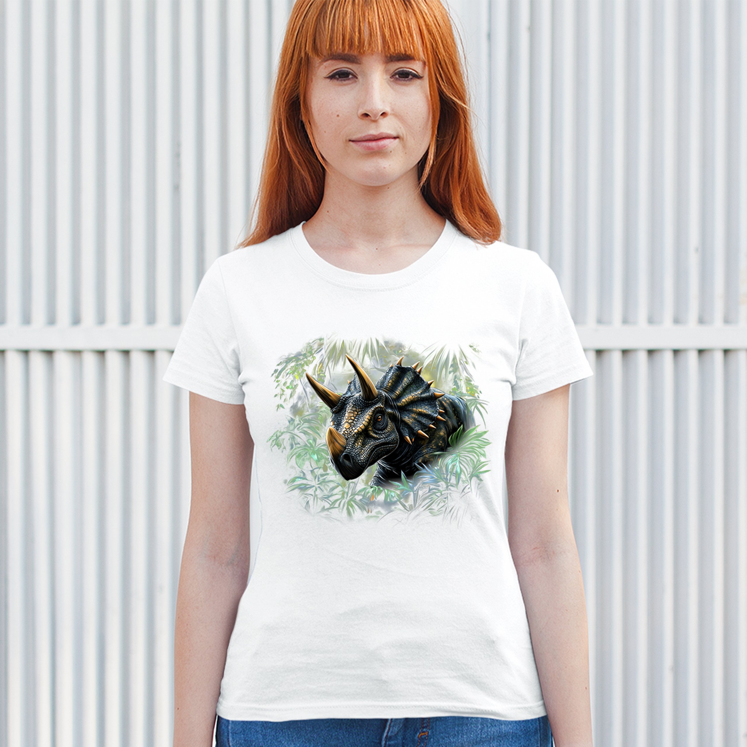Triceratops Jungle T-Shirt Dinosaur Dino Jurassic Era Prehistoric Women's Tee - Picture 26 of 50