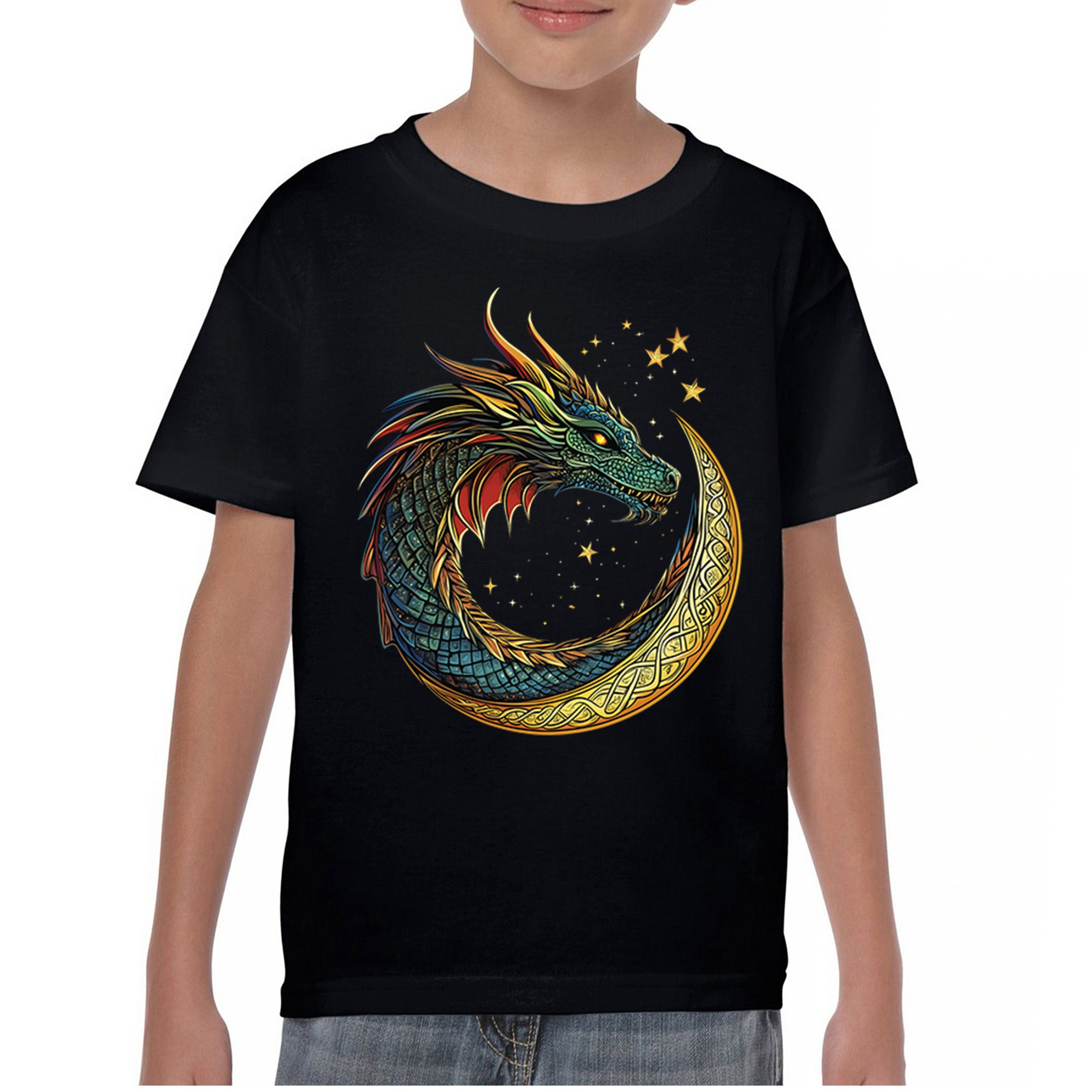 Celtic Moon Dragon Youth T-shirt Mystical Serpent Spiritual Fantasy Fire Kids - Picture 2 of 50