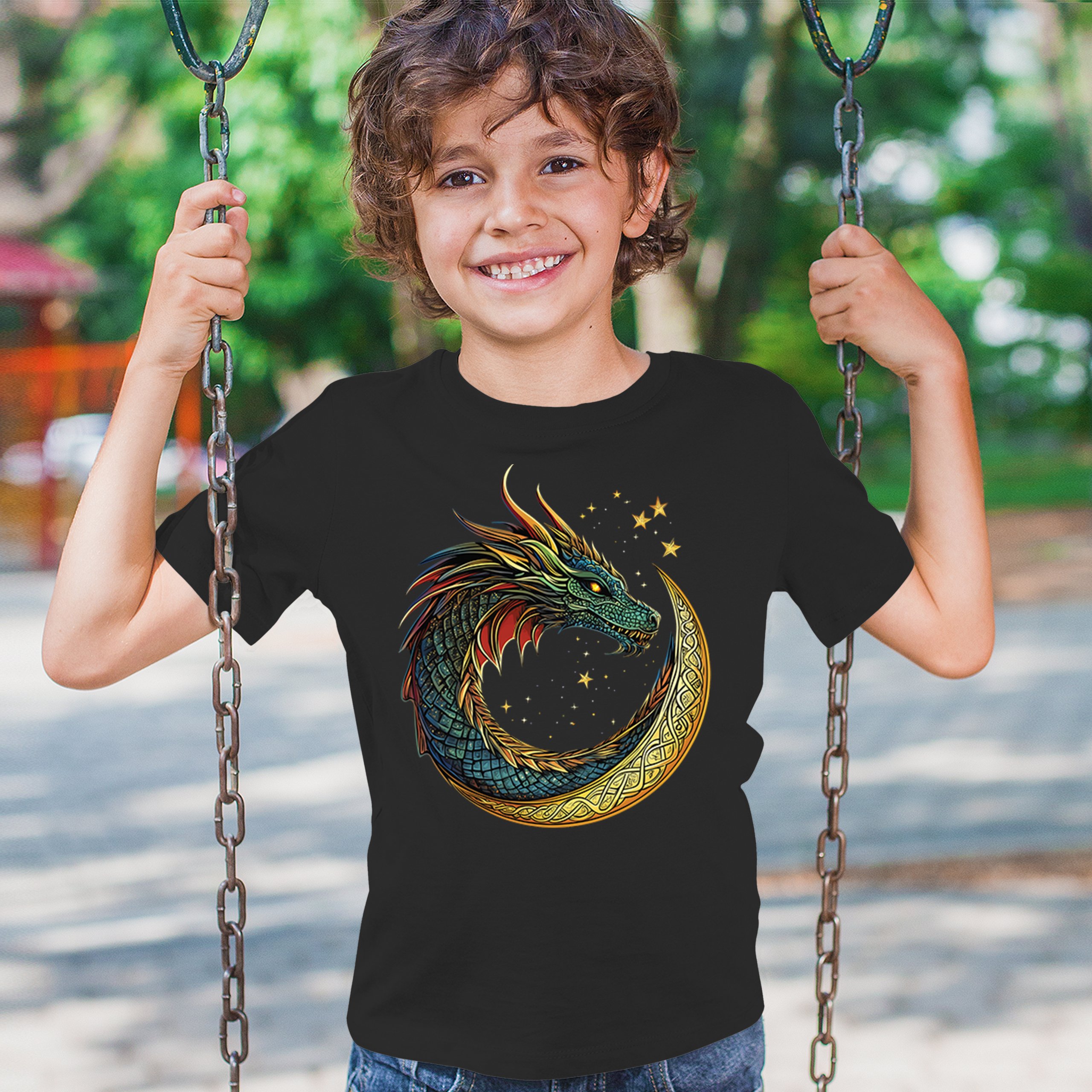 Celtic Moon Dragon Youth T-shirt Mystical Serpent Spiritual Fantasy Fire Kids - Picture 5 of 50