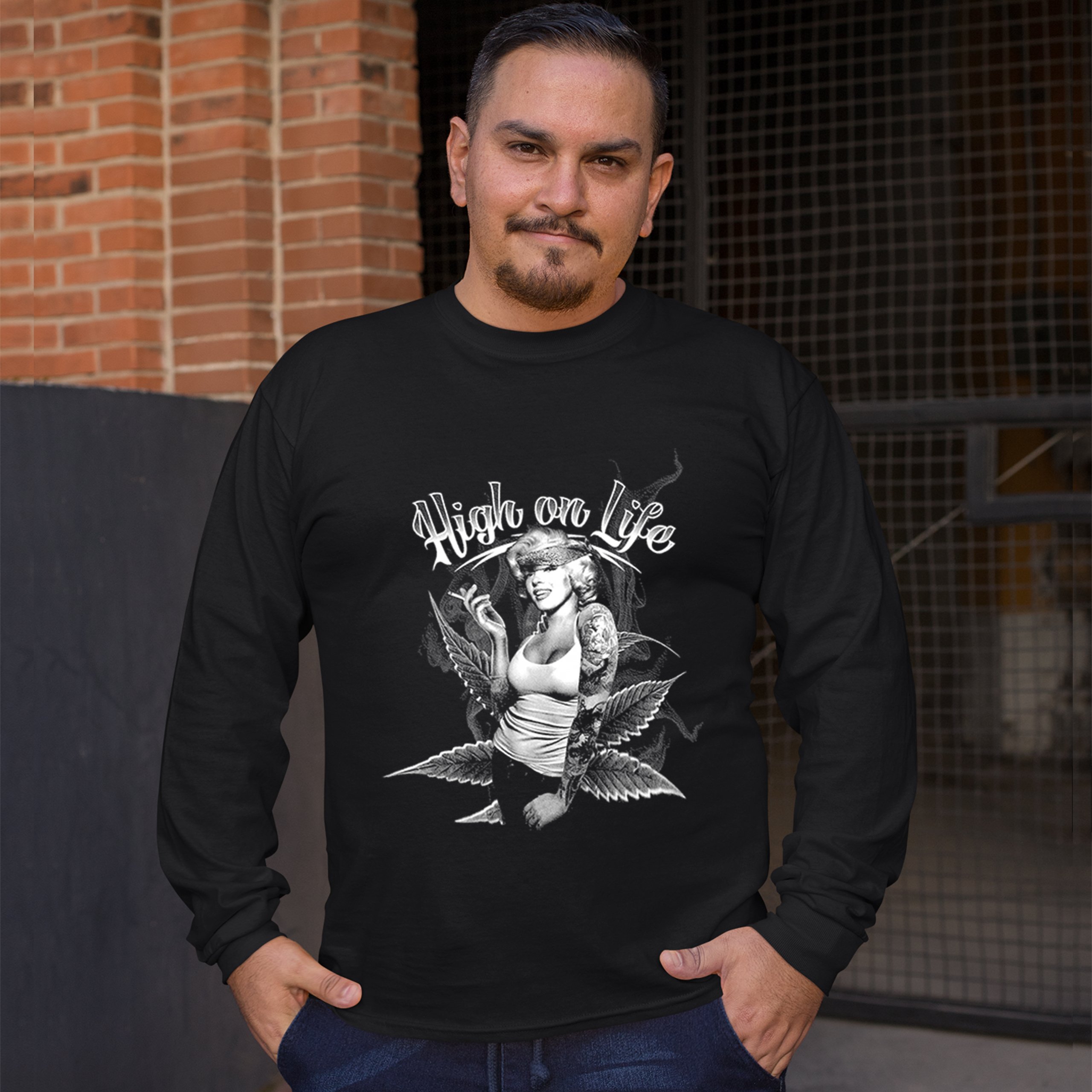 High on Life Long Sleeve T-shirt Marilyn Monroe Holding a Joint 420 Pop Culture - Picture 5 of 29